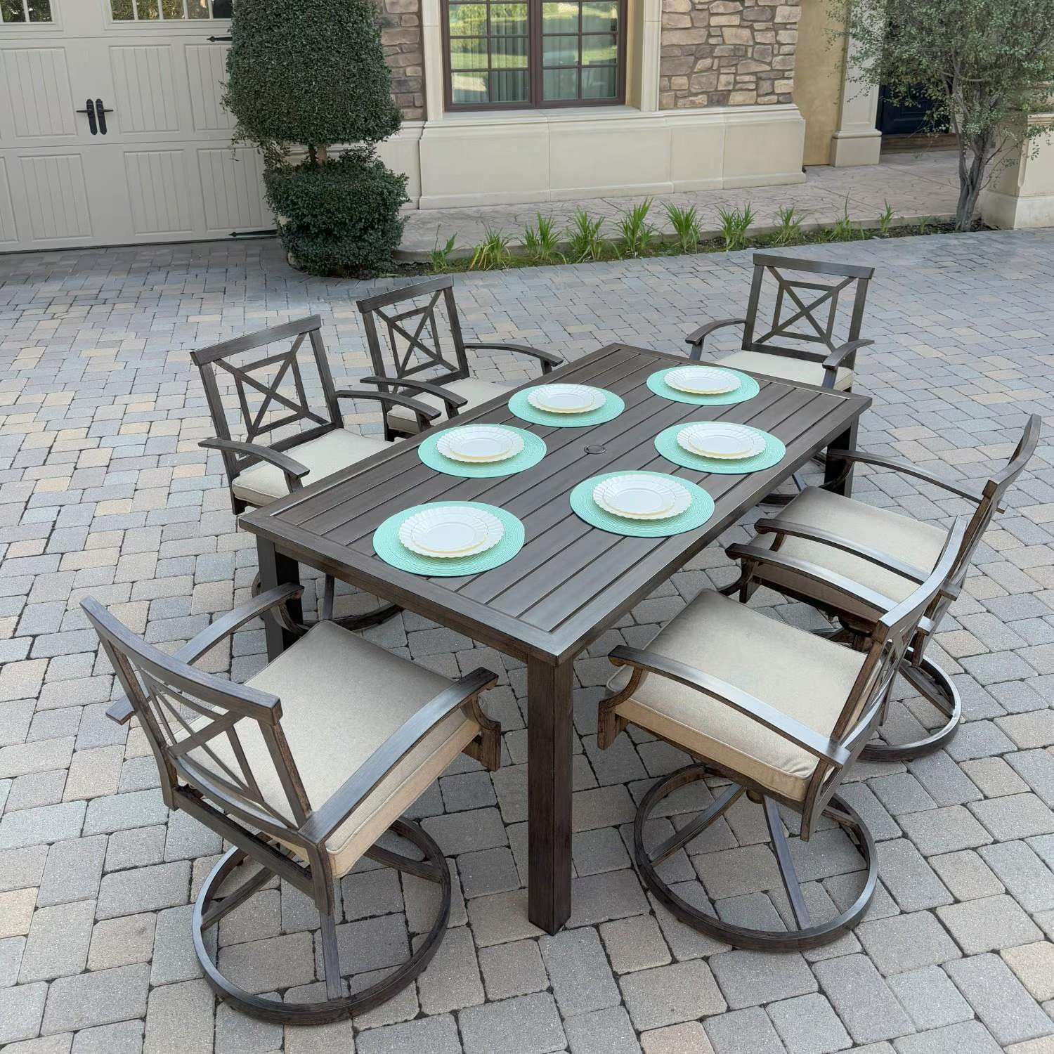 Atlantis 7 Pc Aluminum Dining Set 6 Swivel Rocker Dining Arm Chairs in