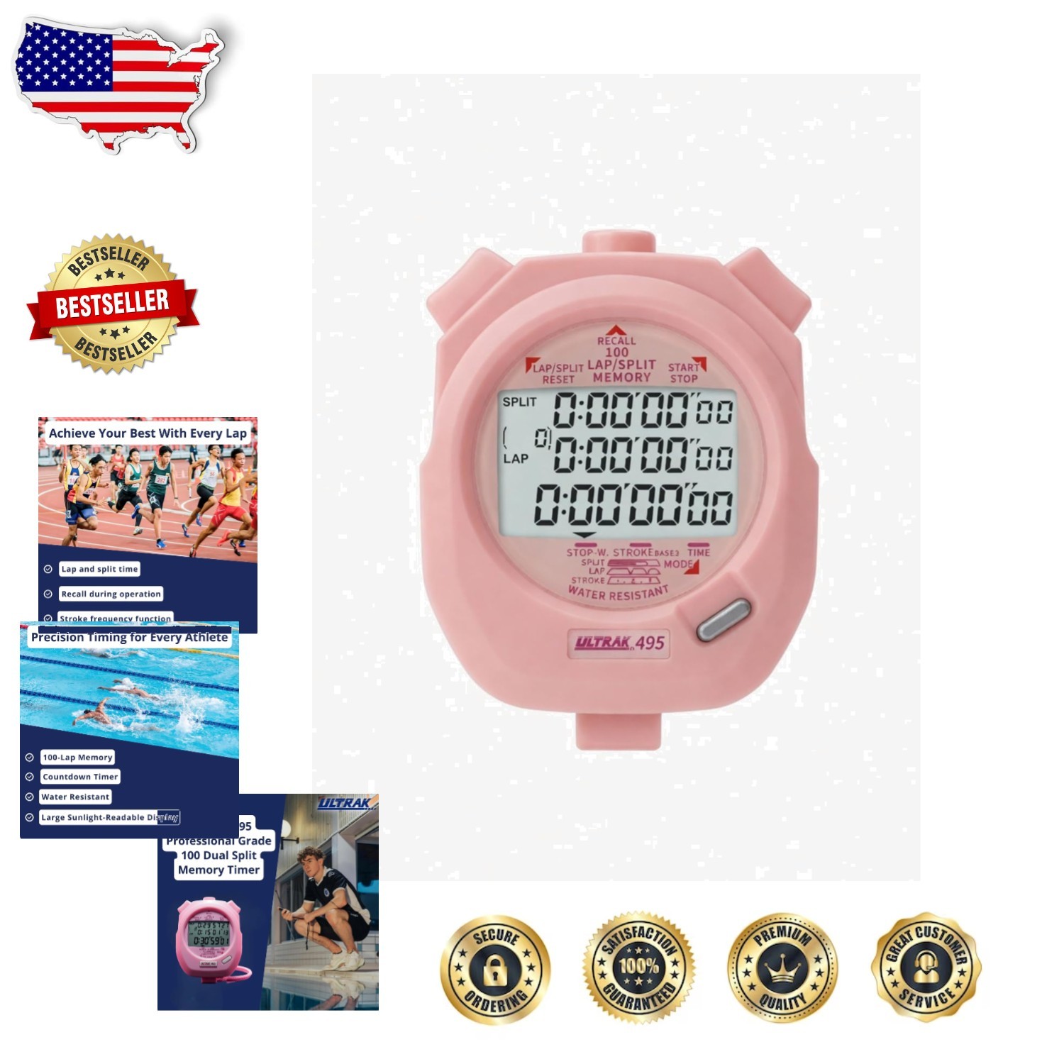 Water-Resistant Pink Stopwatch - 100 Lap Recall, Countdown, Coach Training