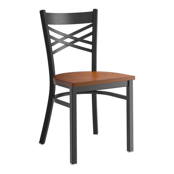 Black Cross Back Metal Restaurant Chair With Walnut Wood Seat