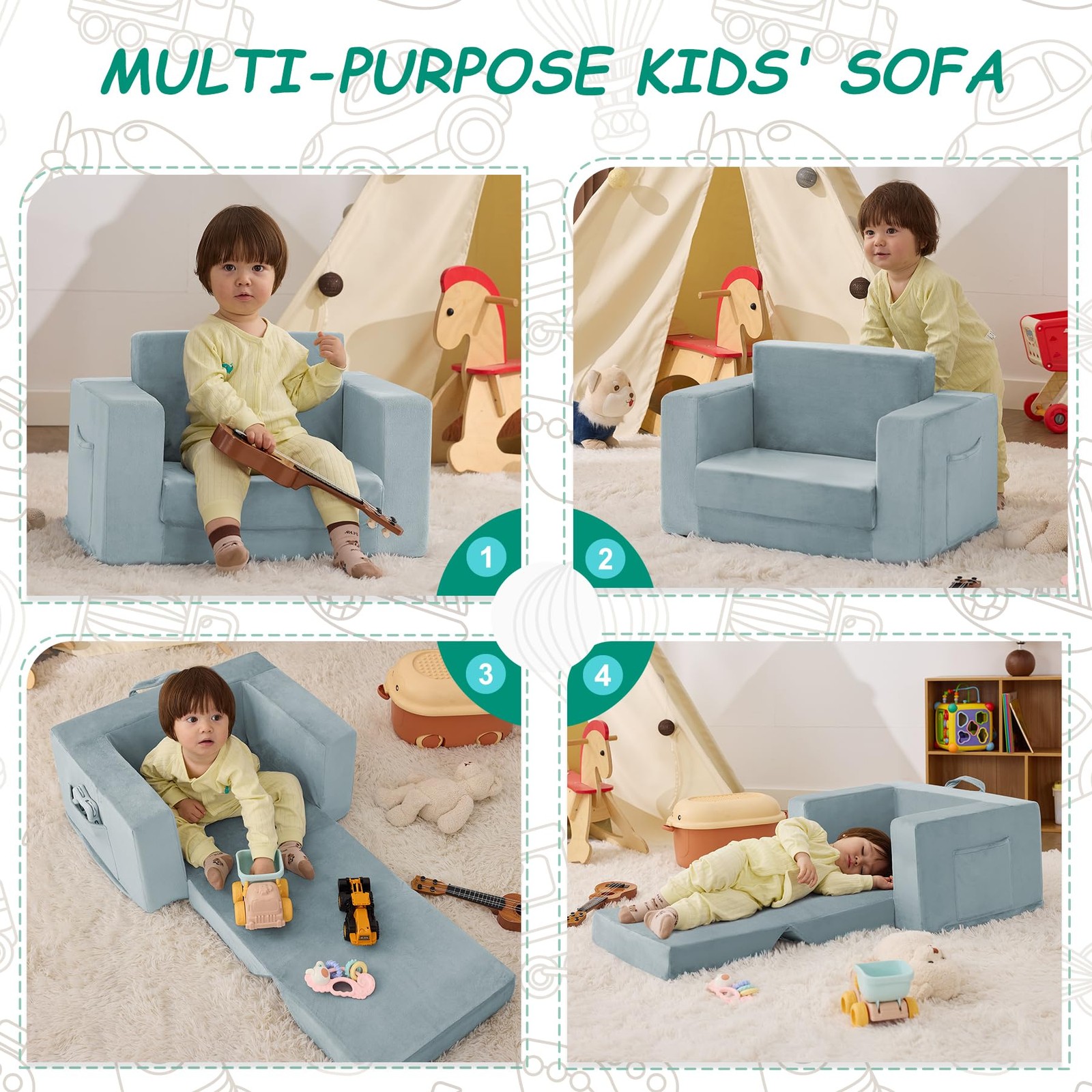 Kids Couch, 2-in-1 Toddler Chair Comfy 1-3 Years, Convertible Kids Chair, Tod...