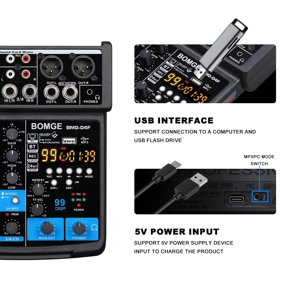 BOMGE 4 Channel mini DJ Audio Sound Mixer Interface with MP3 USB, Bluetooth, St