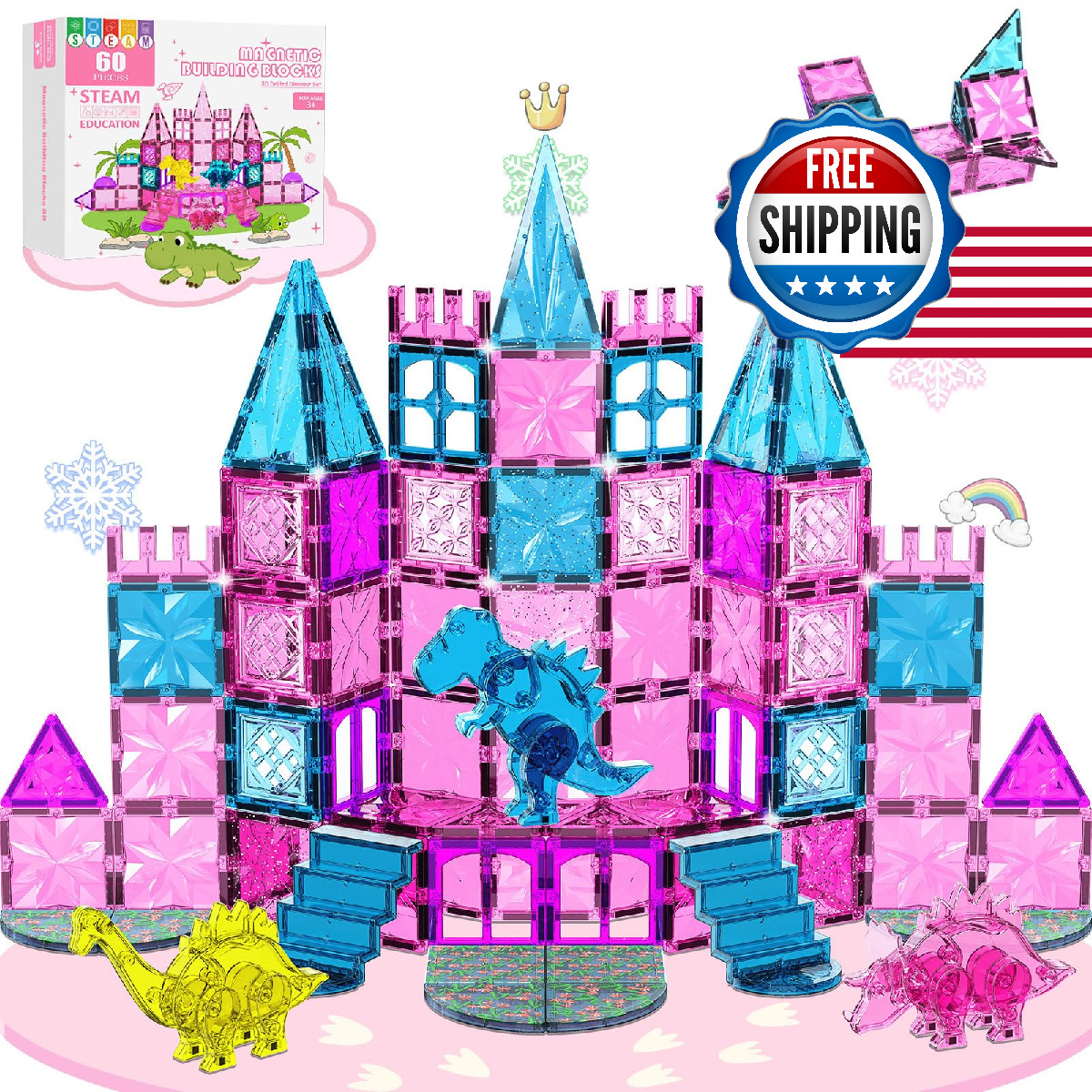 UREC 60PCS Dinosaur Toys Magnetic Tiles for Girls, Magnetic Building Blocks Sens