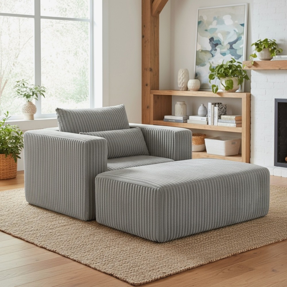 Modular Oversized Corduroy Floor Couch with Ottoman, All-Foam Deep-Seat