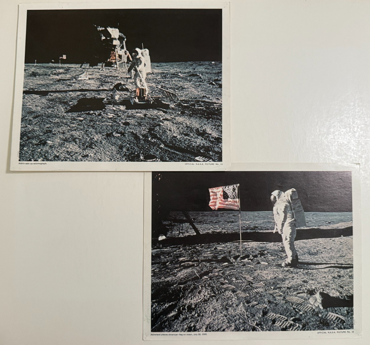 Official NASA Pictures No. 15 & 16 Flag on Moon and Aldrin Sets Up Seismograph