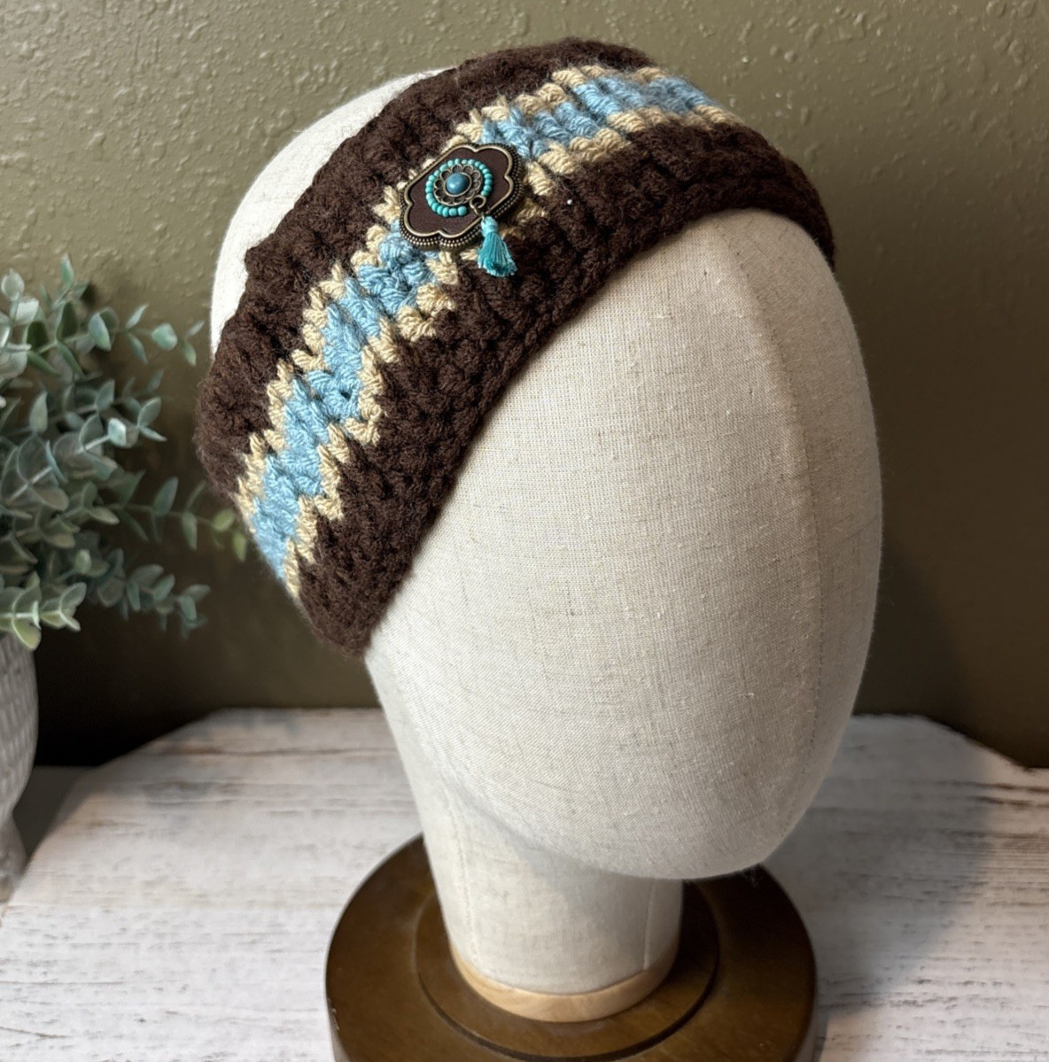 Knitted Handmade Crochet Headband W/button Boho Brown, Blue, Tan