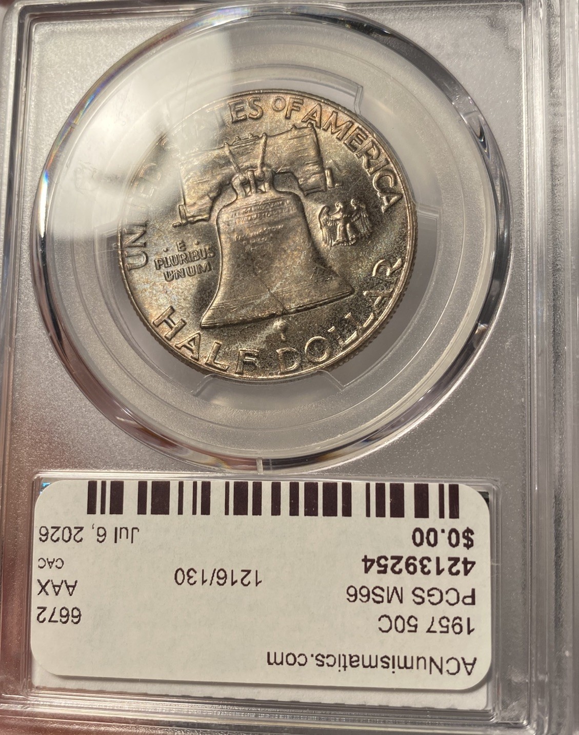 1957 Franklin Half Dollar PCGS MS66 CAC Mint Set Toning