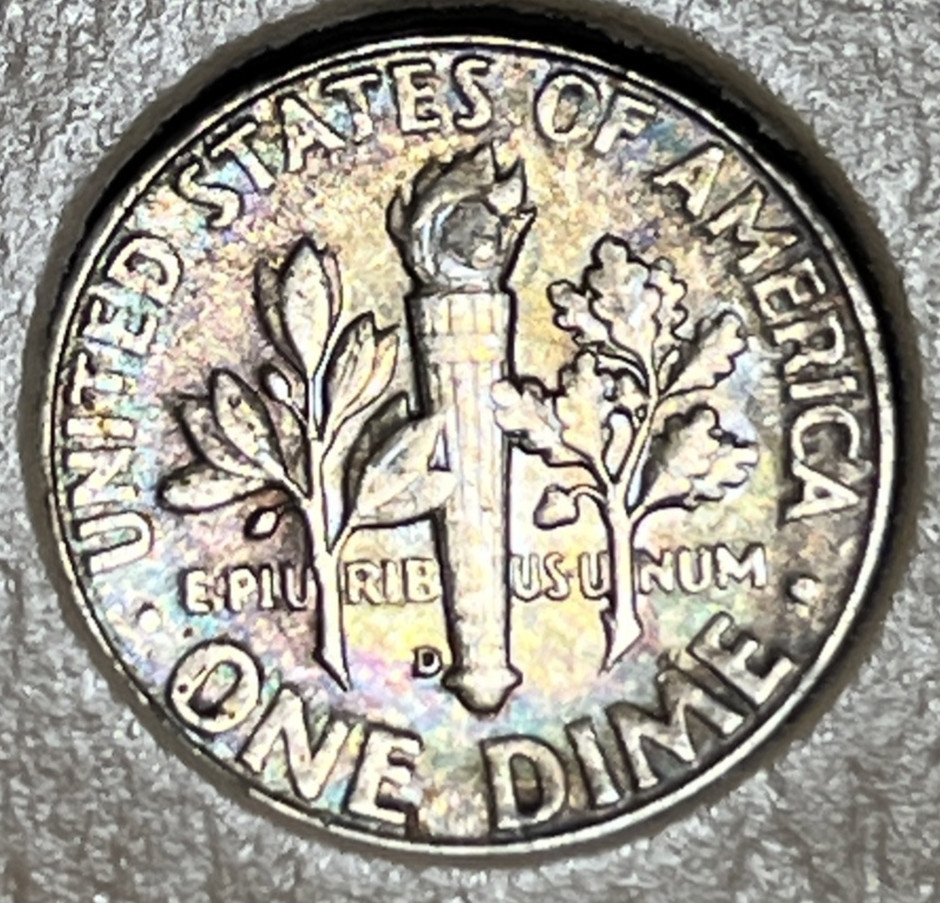 1947 D Roosevelt Silver Dime Rainbow Toning Both Sides Uncirculated
