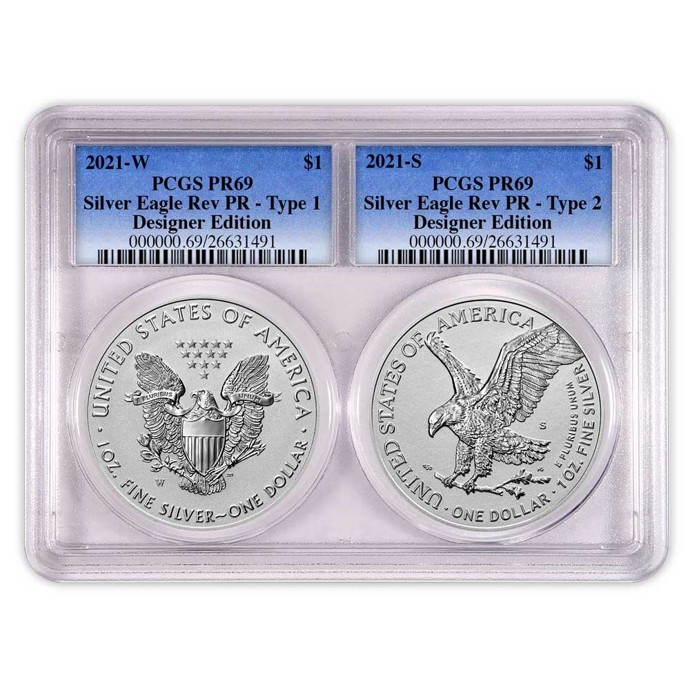2pc Set - 2021 $1 1-oz Reverse Proof American Silver Eagle Designer PCGS PR69