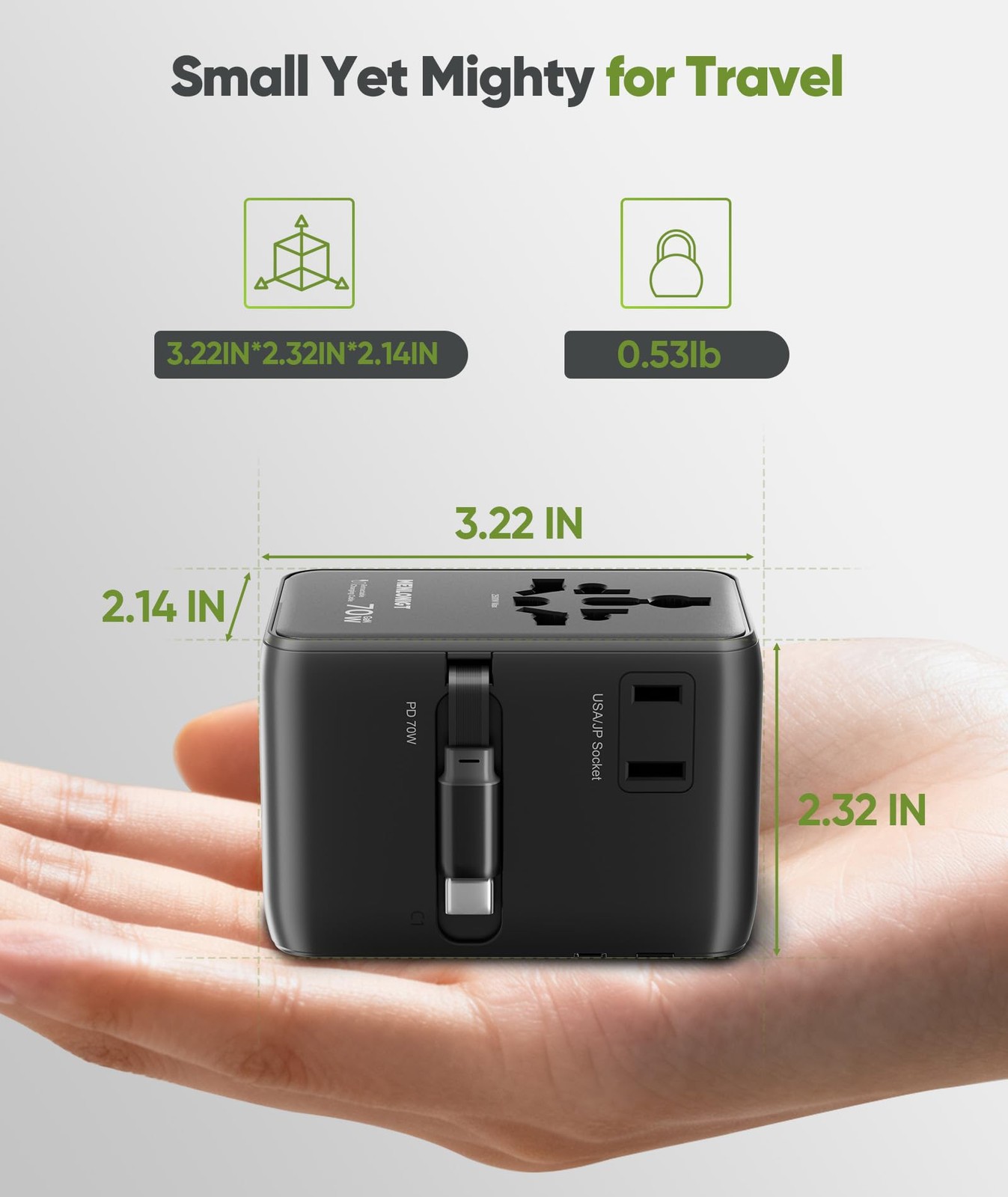 70W GaN Universal Travel Adapter with Retractable USB-Cable, Fast Wall Charge...