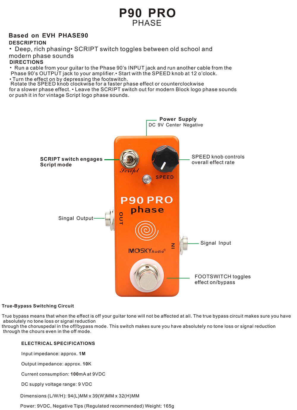Mosky P90 PRO Guitar Bass Effect Pedal Script Speed Footswitch Knob PHASE90 Mini