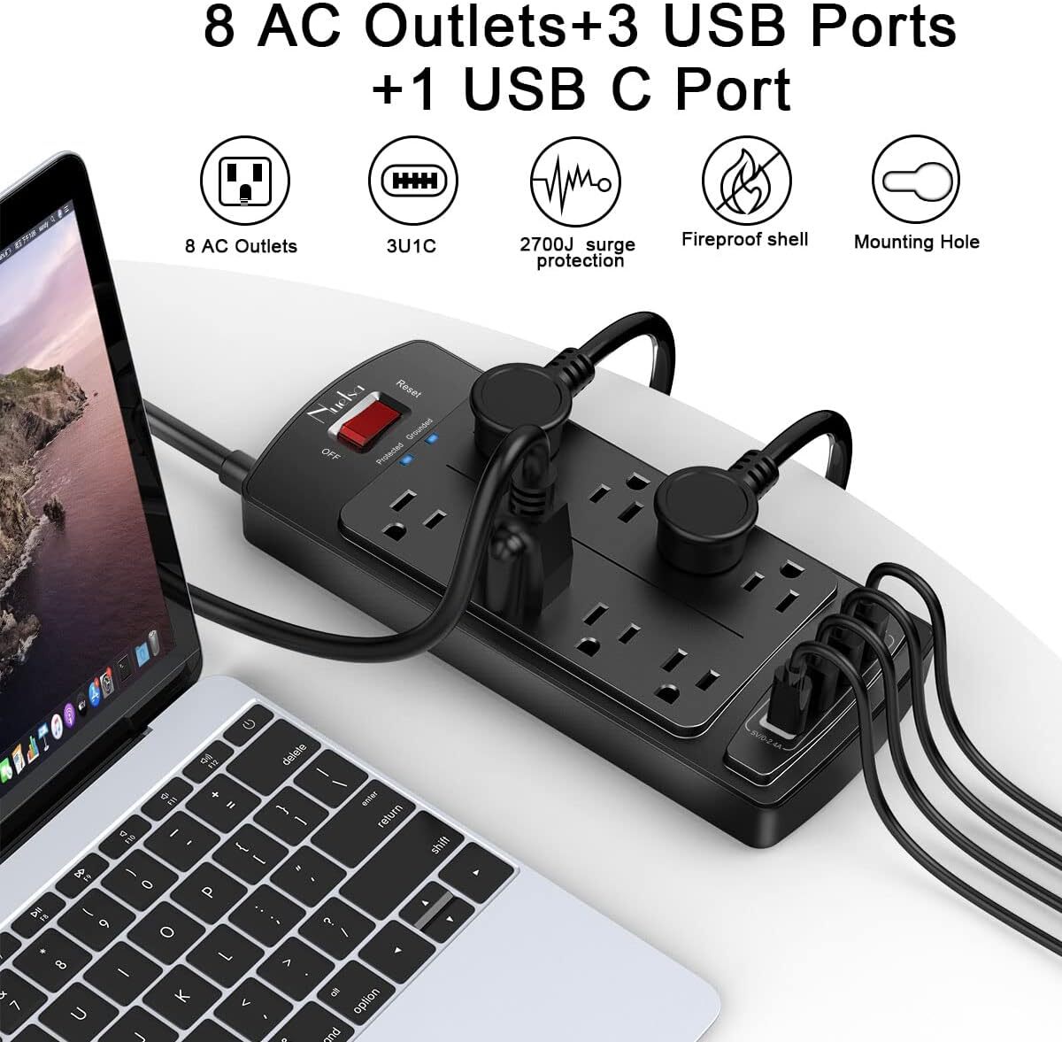 Surge Protector Power Strip - Nuetsa Flat Plug Extension Cord with 8 Outlets and