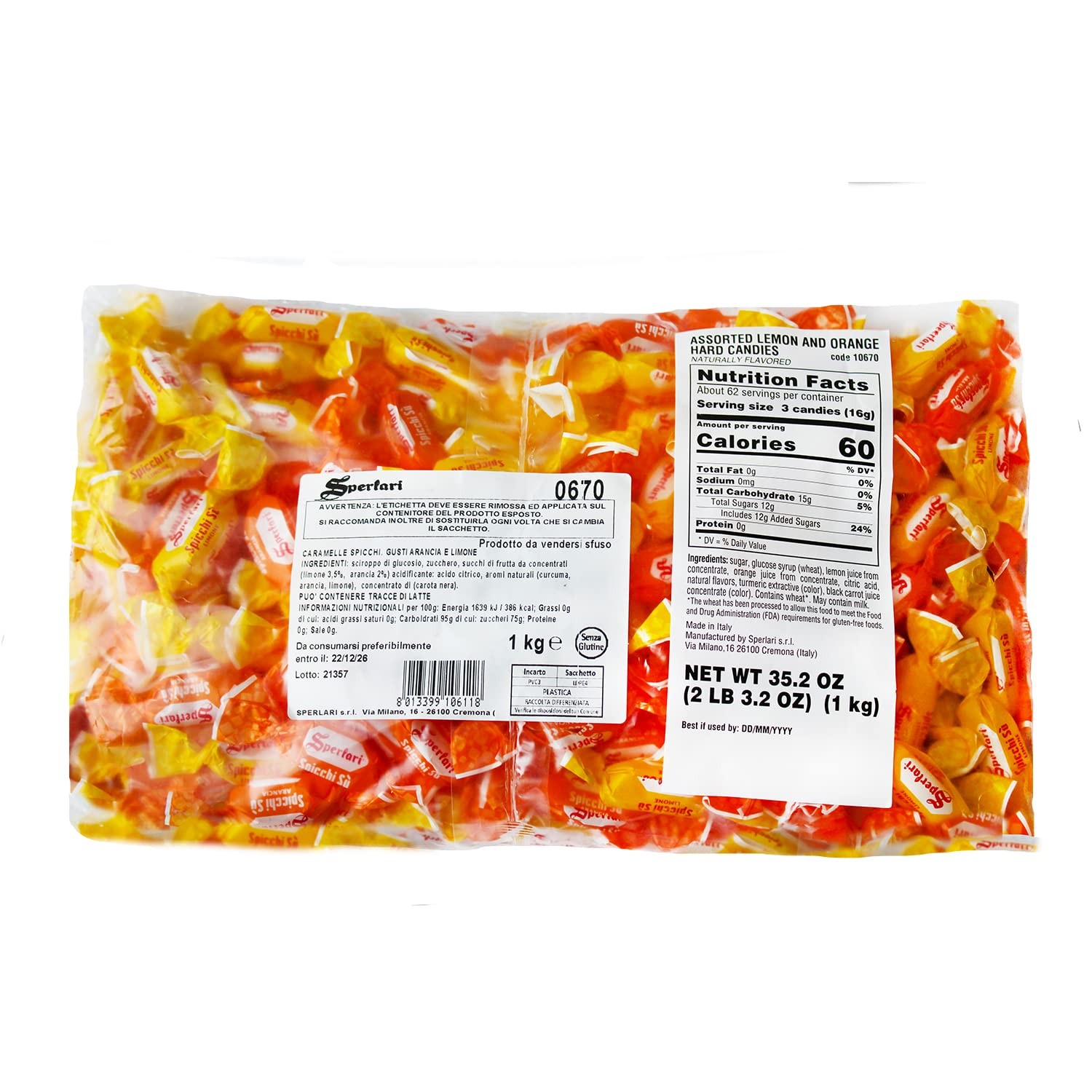 "Spicchi" Citrus Orange & Lemon Hard Candy Bulk Bag, Individually Wrapped Ita...