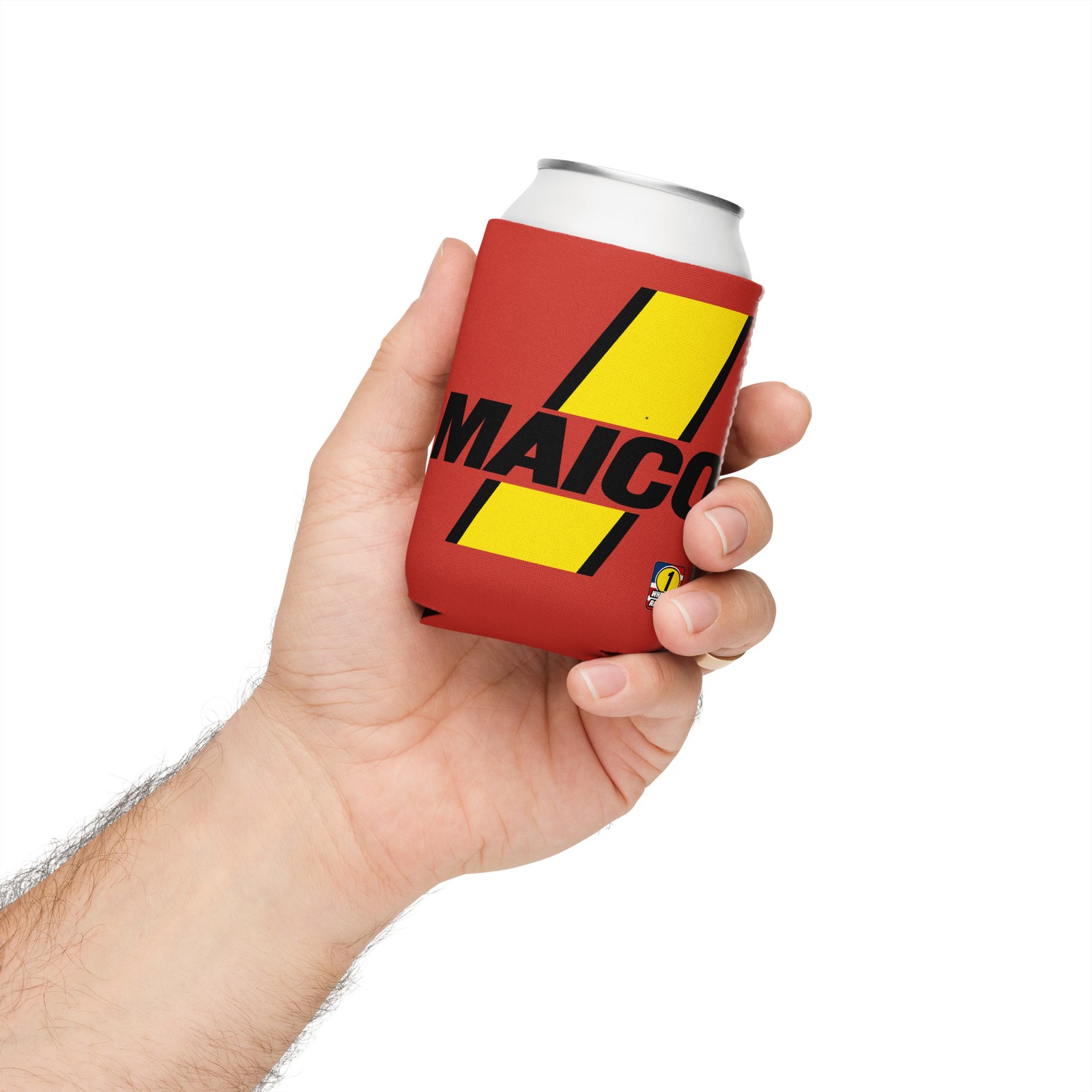 MAICO Yellow Stripe Red Moto Can Cooler