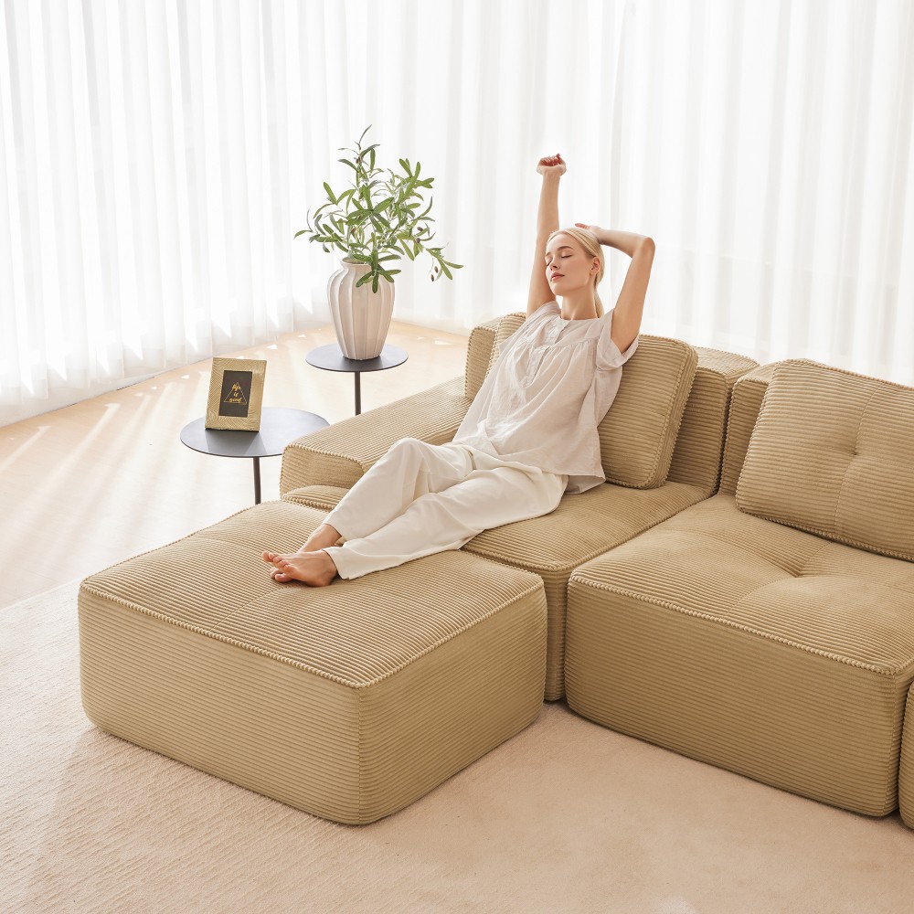 82" L-Shaped Modular Sectional Sofa w/ Ottoman, Corduroy, Camel