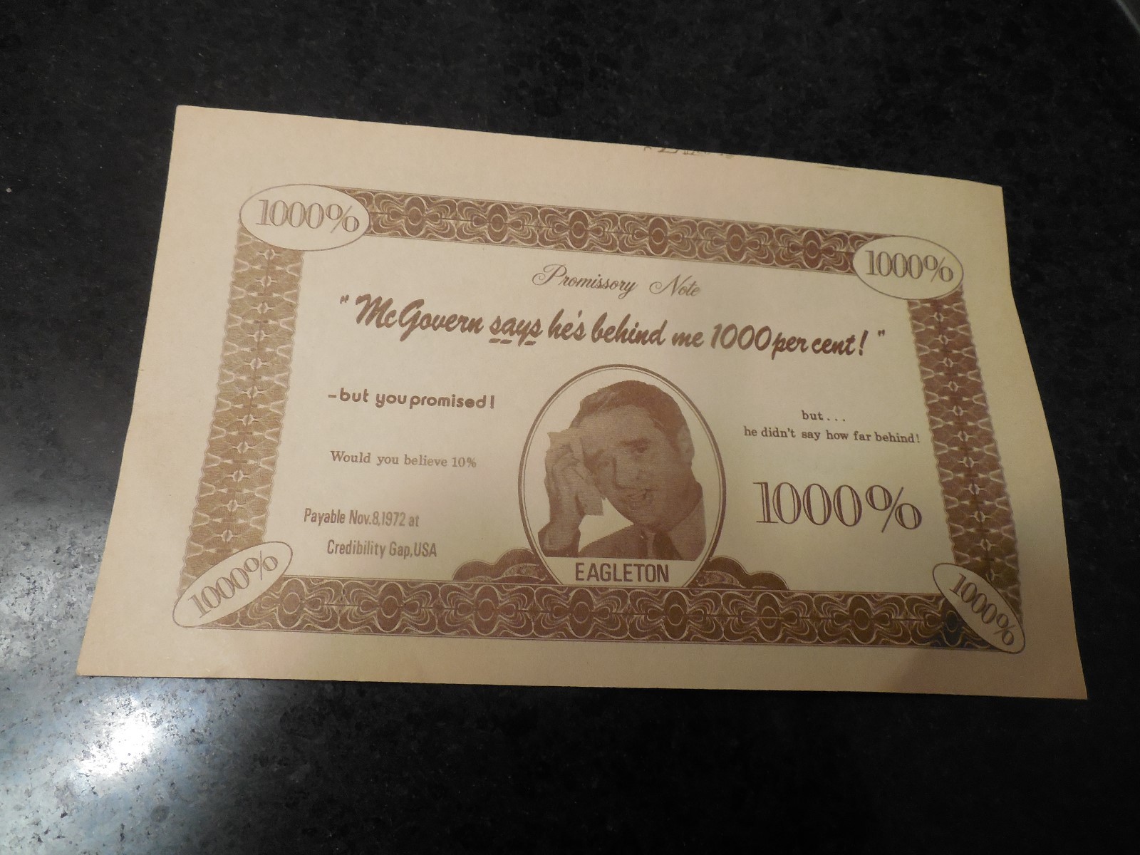 Anti George McGovern Tom Eagleton 1972 $1,000 Campaign Currency One Thousand