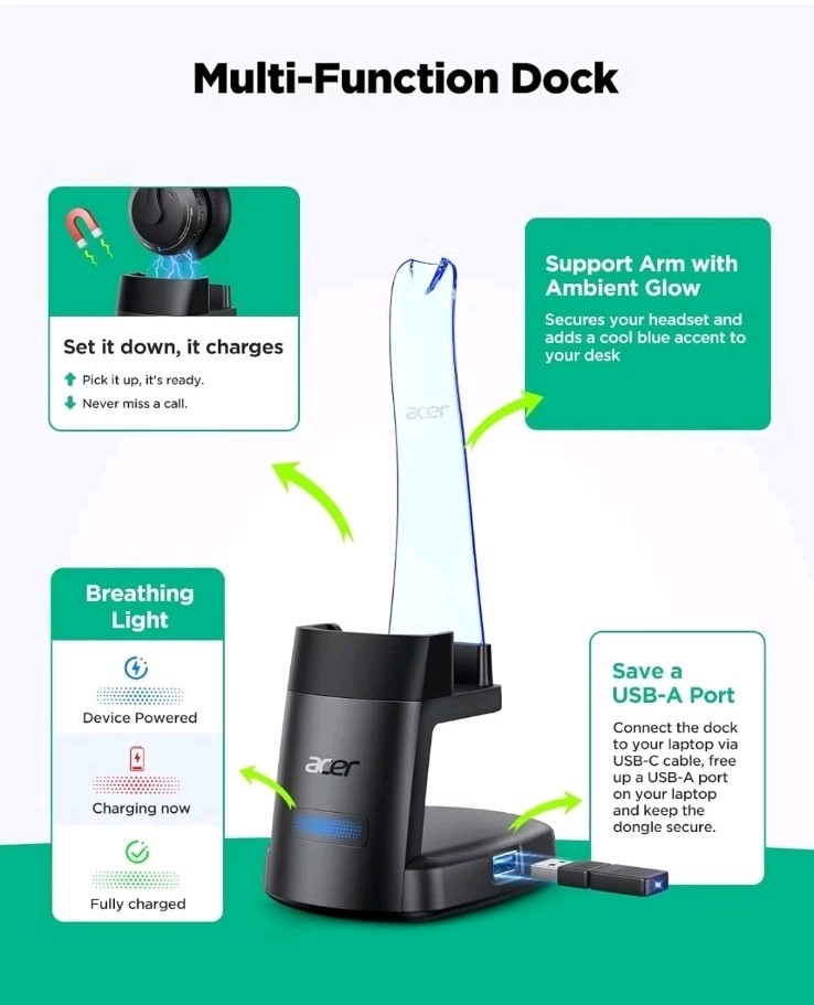 acer Wireless Bluetooth Headset with Mic and Charge Stand for Work, PC, OHR689