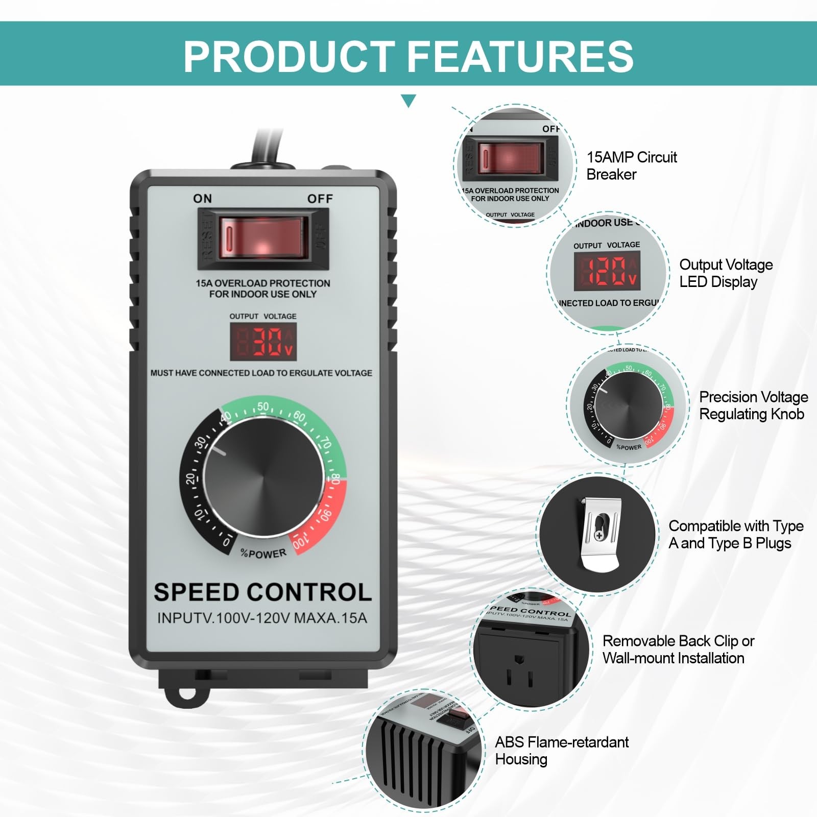 High-Capacity AC Motor Speed Controller 120V 15A 4000W - Universal Variable S...