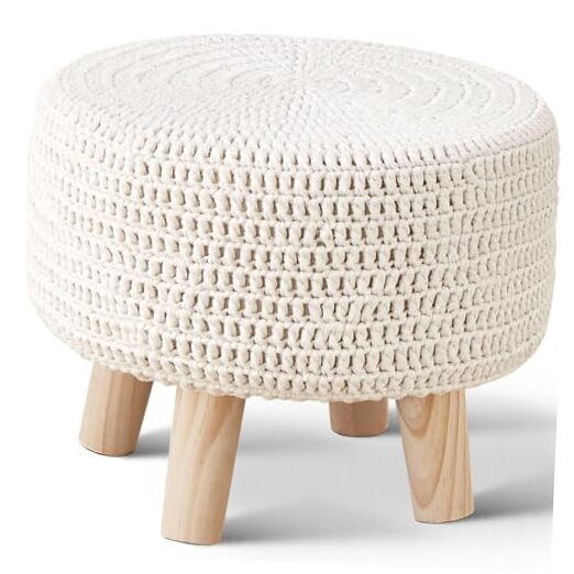 Pouf Ottoman, 100% Cotton Knitted Boho Footstool, Round Footrest with Beige