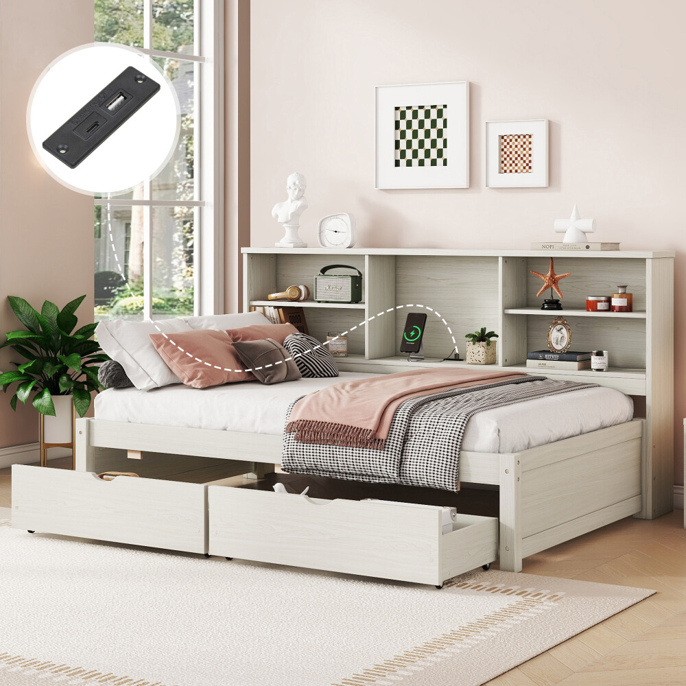 Wood Bed Twin Size Bed Frame w/Side Bookshelves, Two Drawers & Built-in USB Port