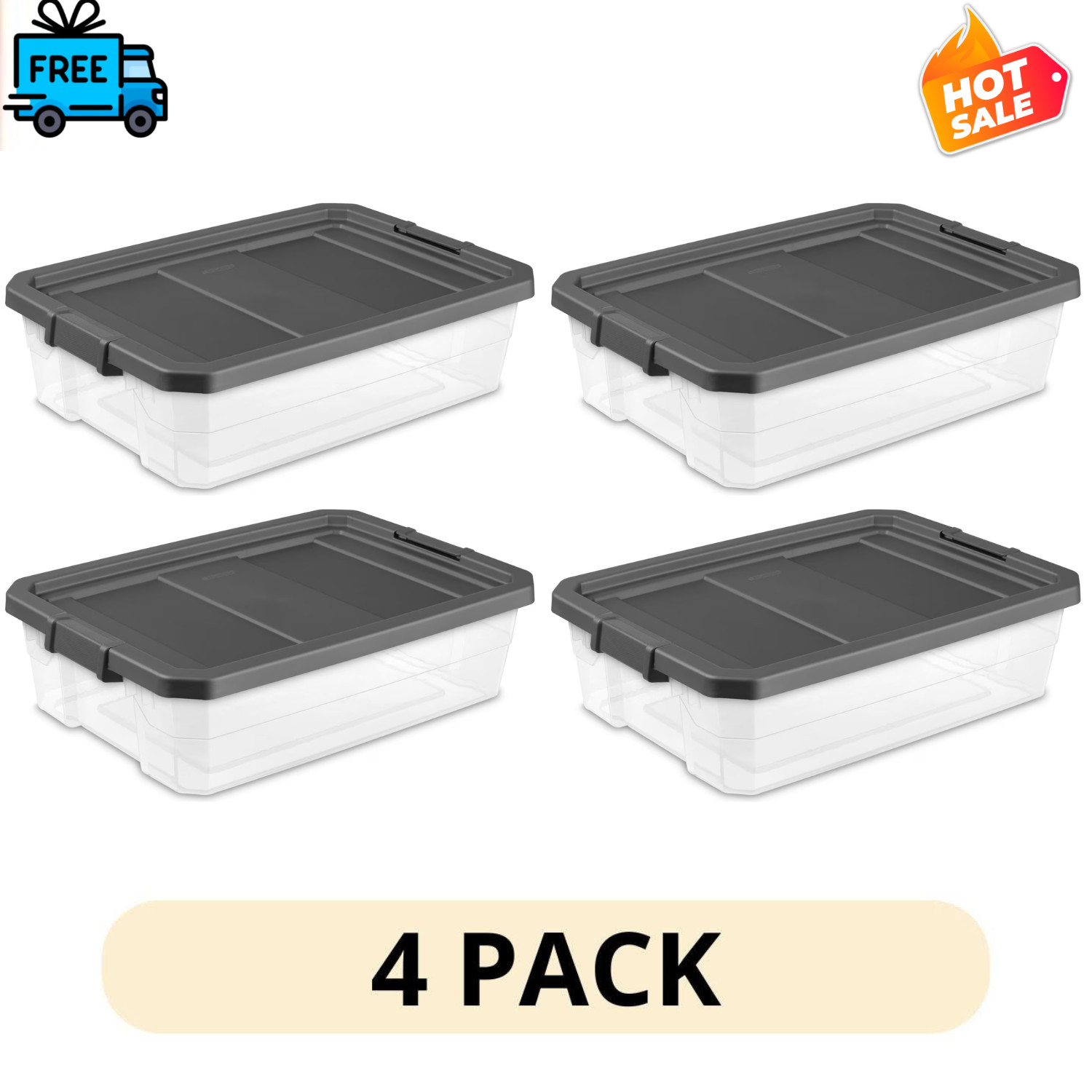 4 Pack Sterilite 40 Qt Clear Stackable Storage Bin With Latch Lid Gray