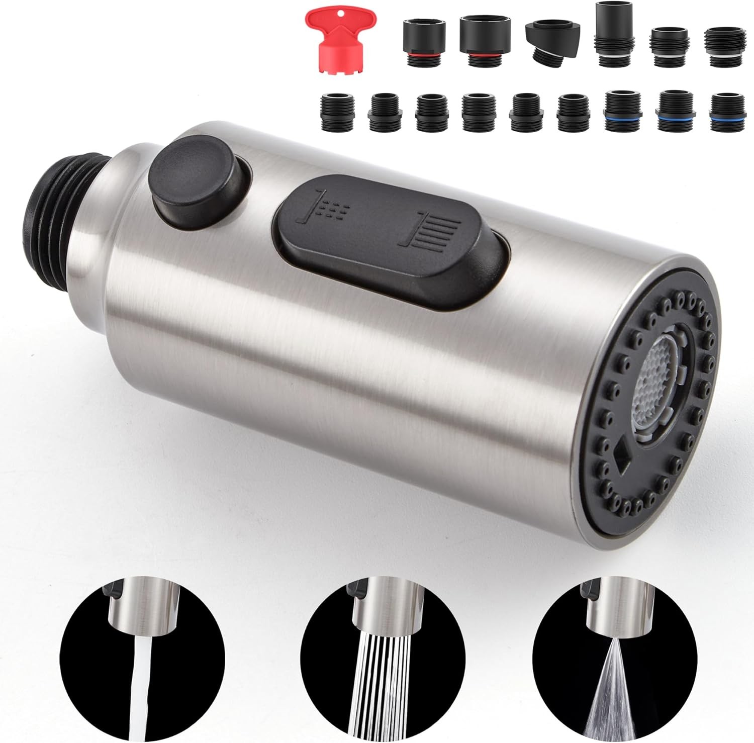 Pull Down Faucet Head Replacement with 15 Adapters, 3 Function Spray Nozzle