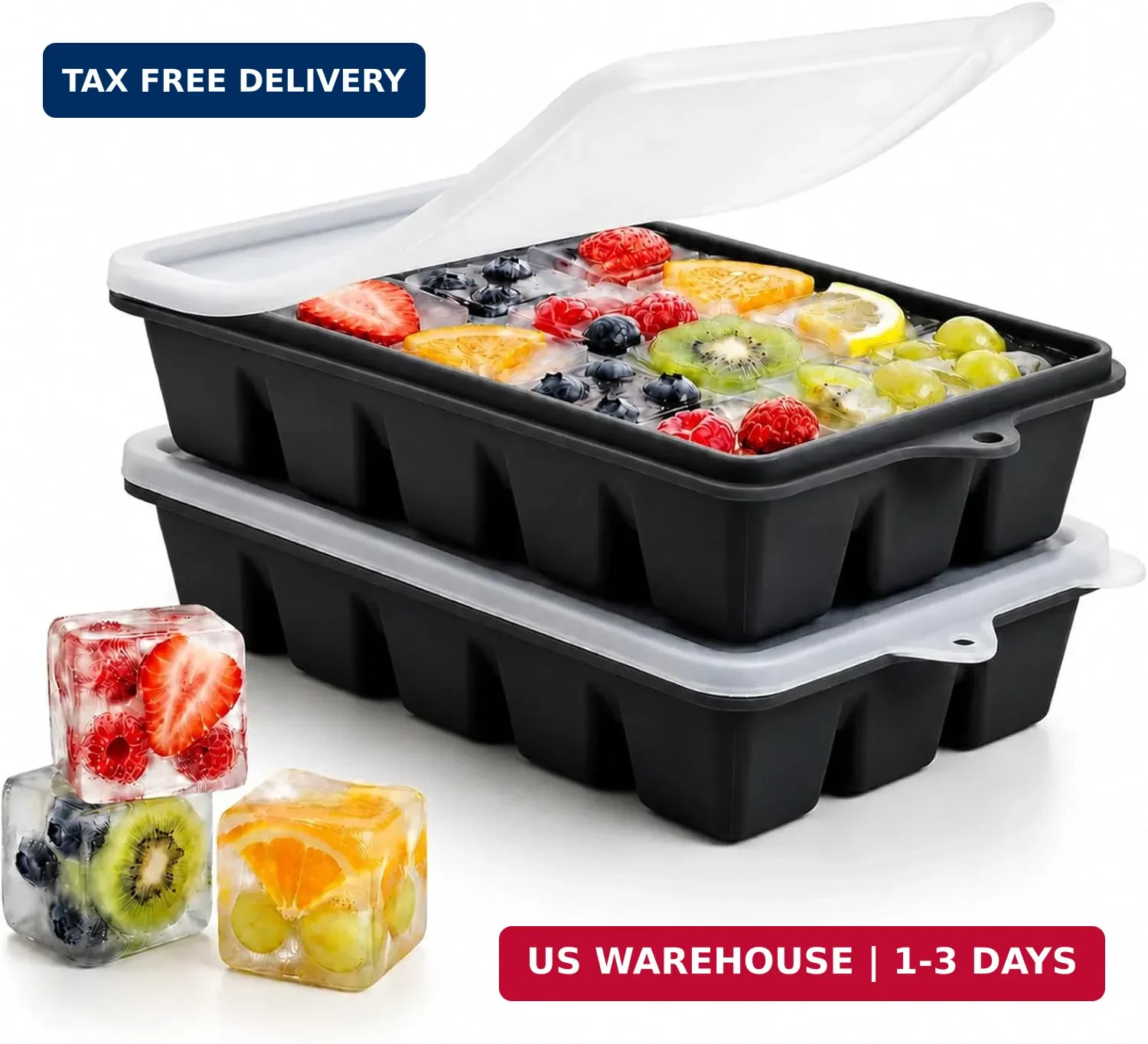 Silicone Ice Cube Trays with Lid, 2 Pack Ice Cube Molds | Easy Release Silicone