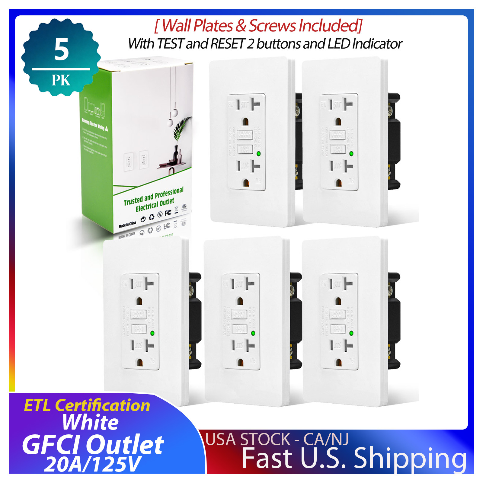 5 Pack GFI Outlet 20A,Wall Plates Screws Included,Residential & Commercial Grade