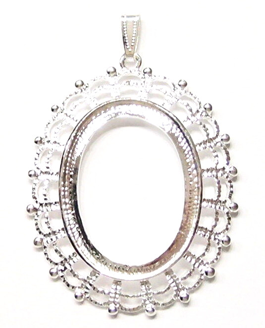 4 of 40x30mm Oval Shiny Silver Triple Victorian Deco Lacy Pendant Settings