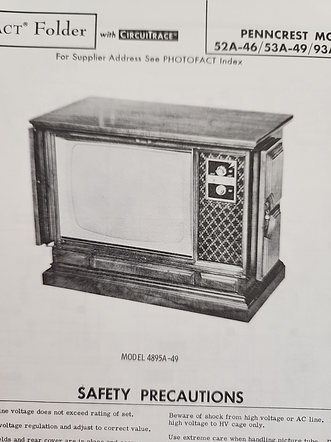 Sams Photofact Repair Service Parts Manual For Penncrest 4851A-48 To 95A-49