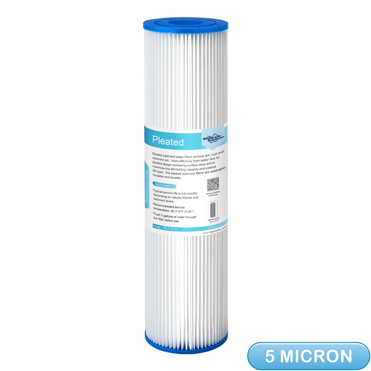 5 Micron 10"x2.5" Washable Pleated Whole House Sediment Water Filter Replacement