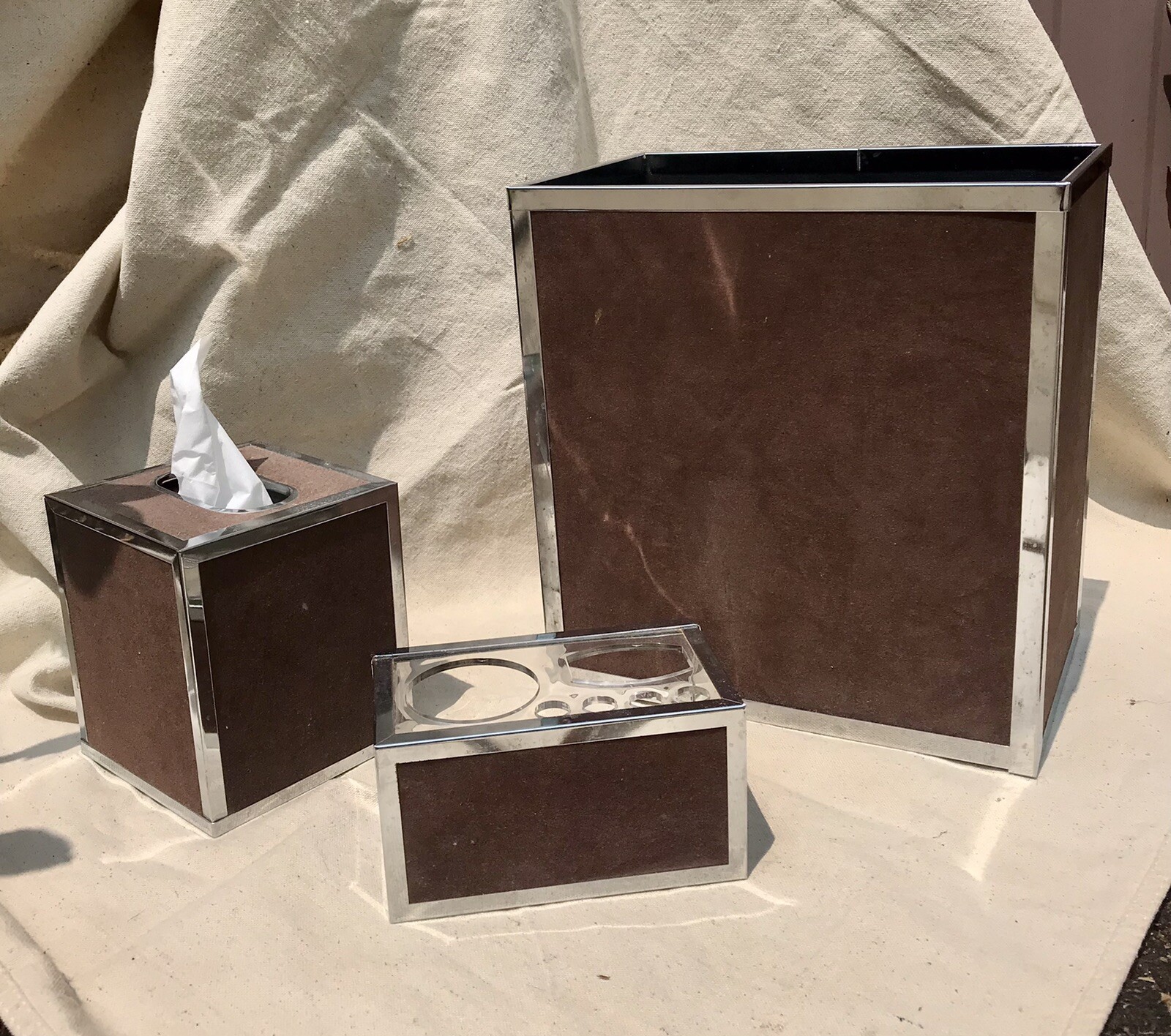 MCM Chrome Suede Wastebasket Tissue Makeup Holder Set Stylebuilt Accessories