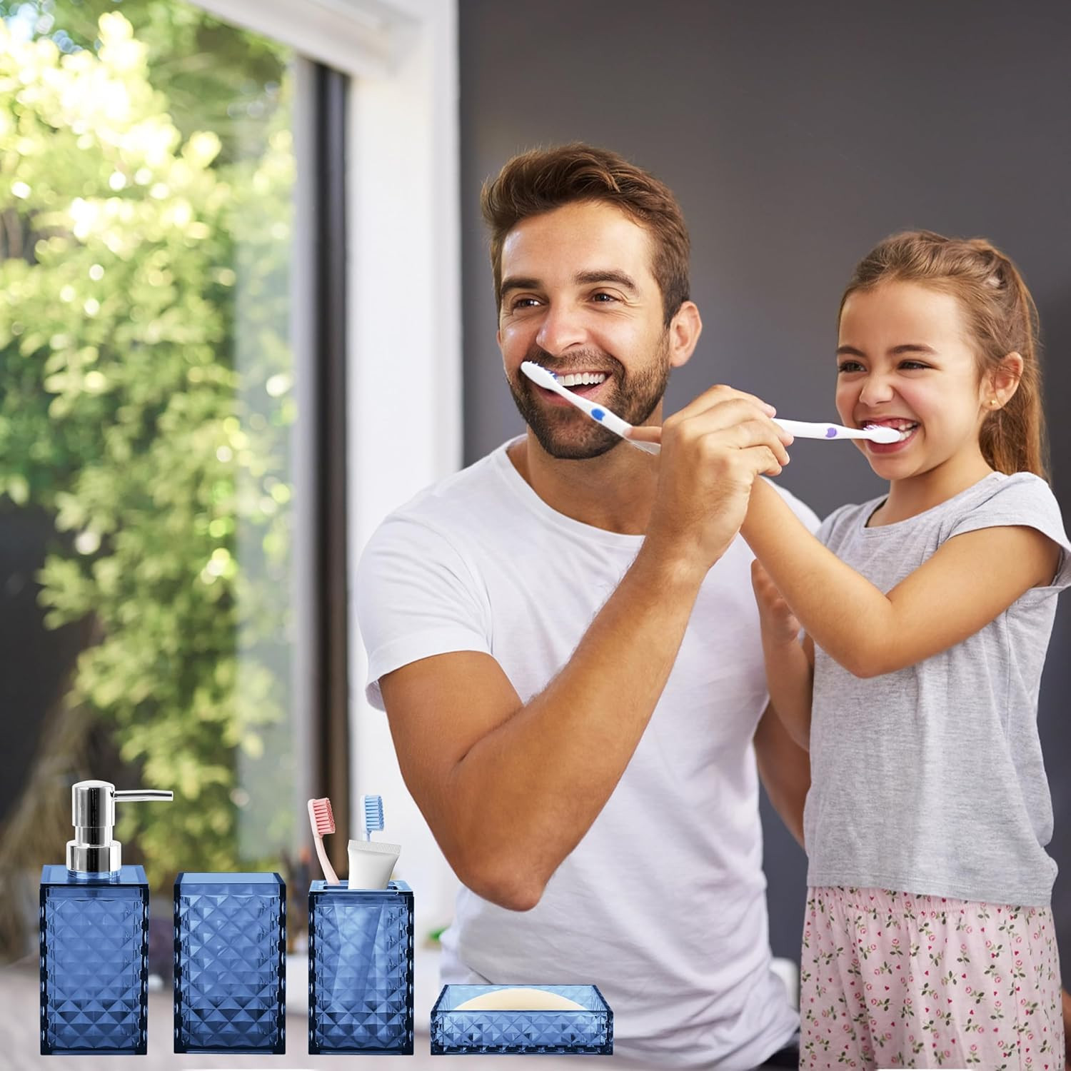 4-Piece Blue Bathroom Accessory Set with Soap Dispenser and Toothbrush Holder