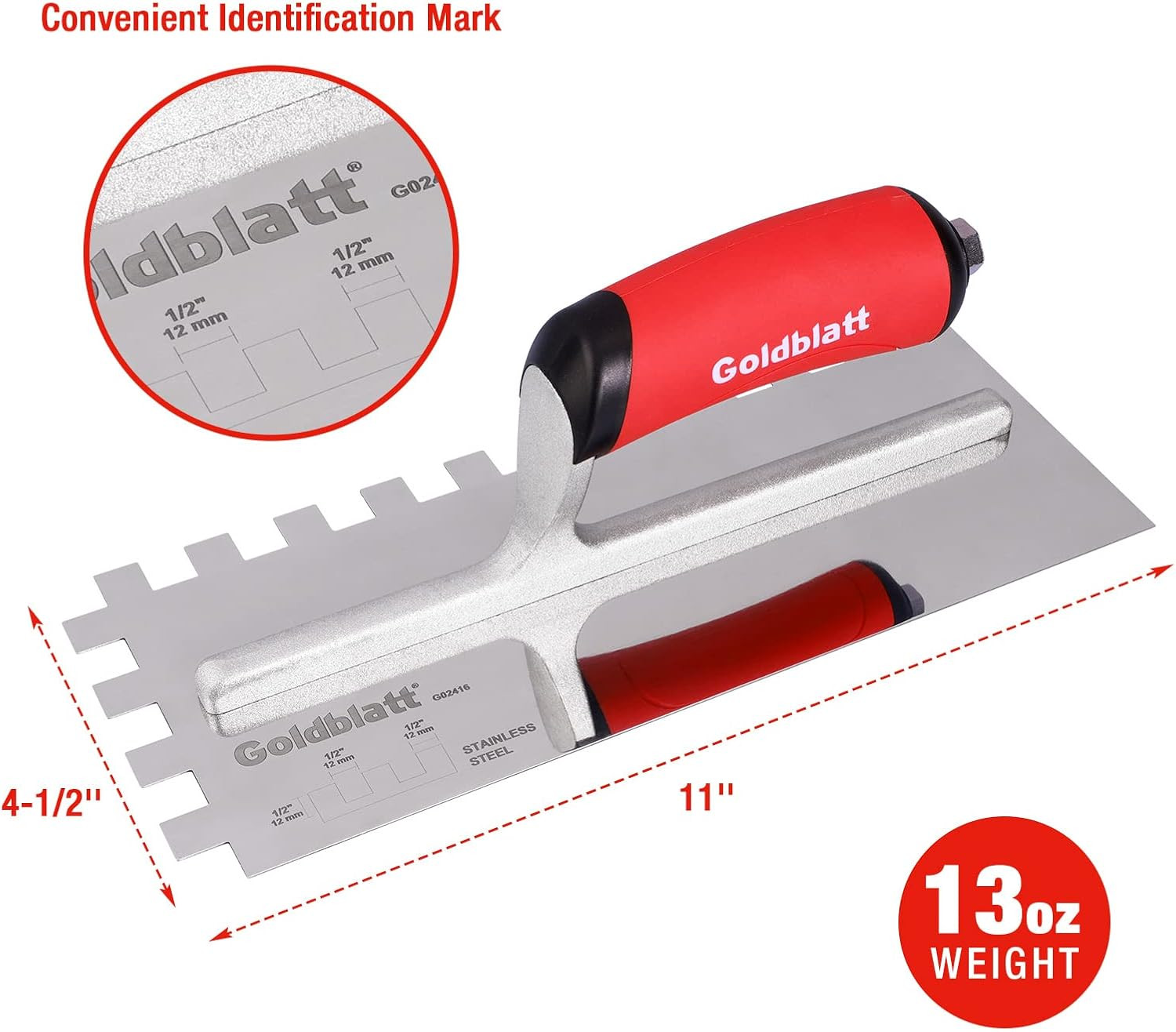 1/2" Square Notch Trowel, Made of Premium Stainless Steel with Soft Grip Handle,