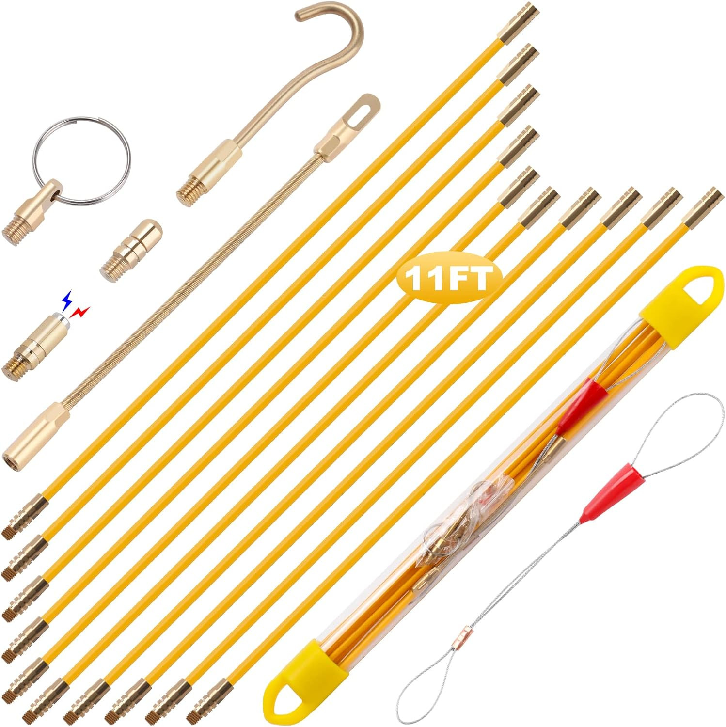 11' Fiberglass Running Electrical Wire Cable Pulling Fish Tape Kit with 5 Differ