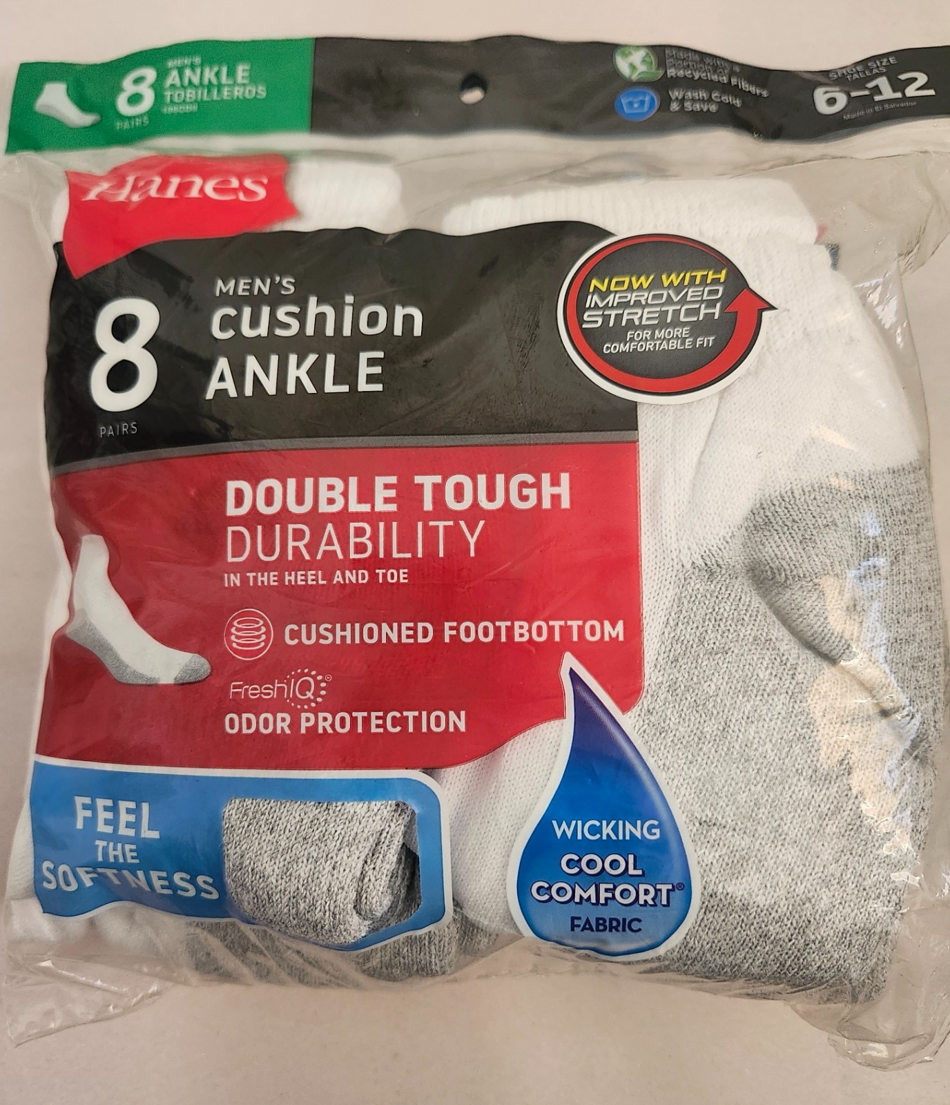 Hanes Men's Cushion Ankle Socks 8-Pack | Size 6-12 | Double Tough | FreshIQ |New