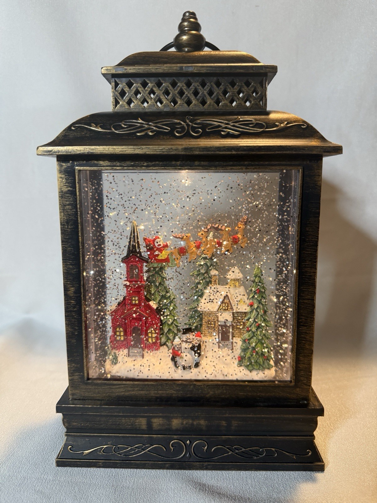 Christmas LED Glitter Water Lantern Snow Globe Bronze Finish Santa Village 10"