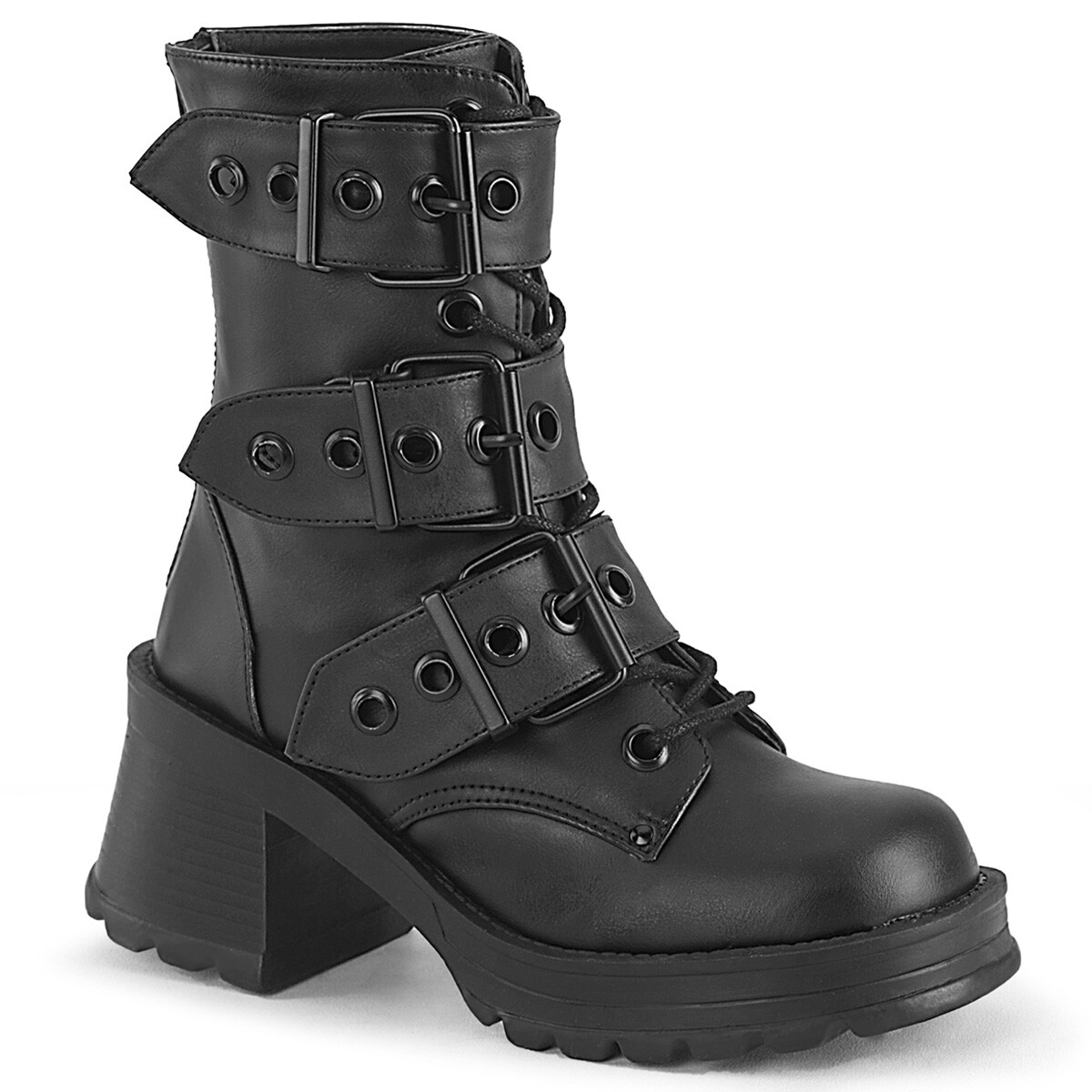 DEMONIA BRATTY-118 Black Chunky Heel Platform Buckle Straps Womens Ankle Boots