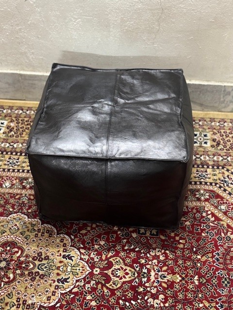20 Inch Black Leather Pouf Ottoman – Authentic Moroccan Boho Footstool