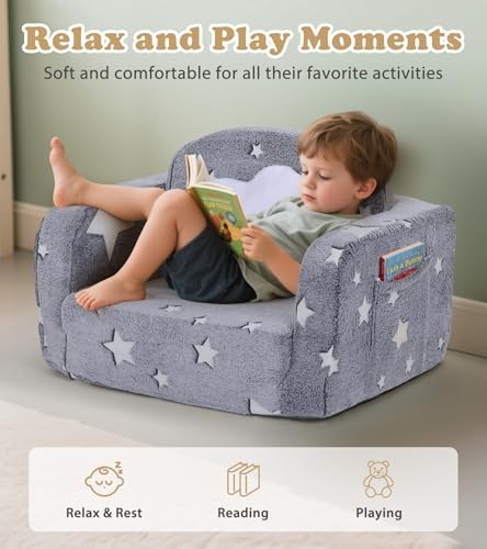 2-in-1 Kids Couch with Blanket & Cloud Pillow, Glow in Dark Toddler Chair, Comfy