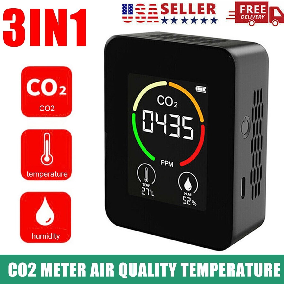 CO2 Meter Air Quality Monitor 400-5000 PPM Sensor Home Carbon Dioxide Detector