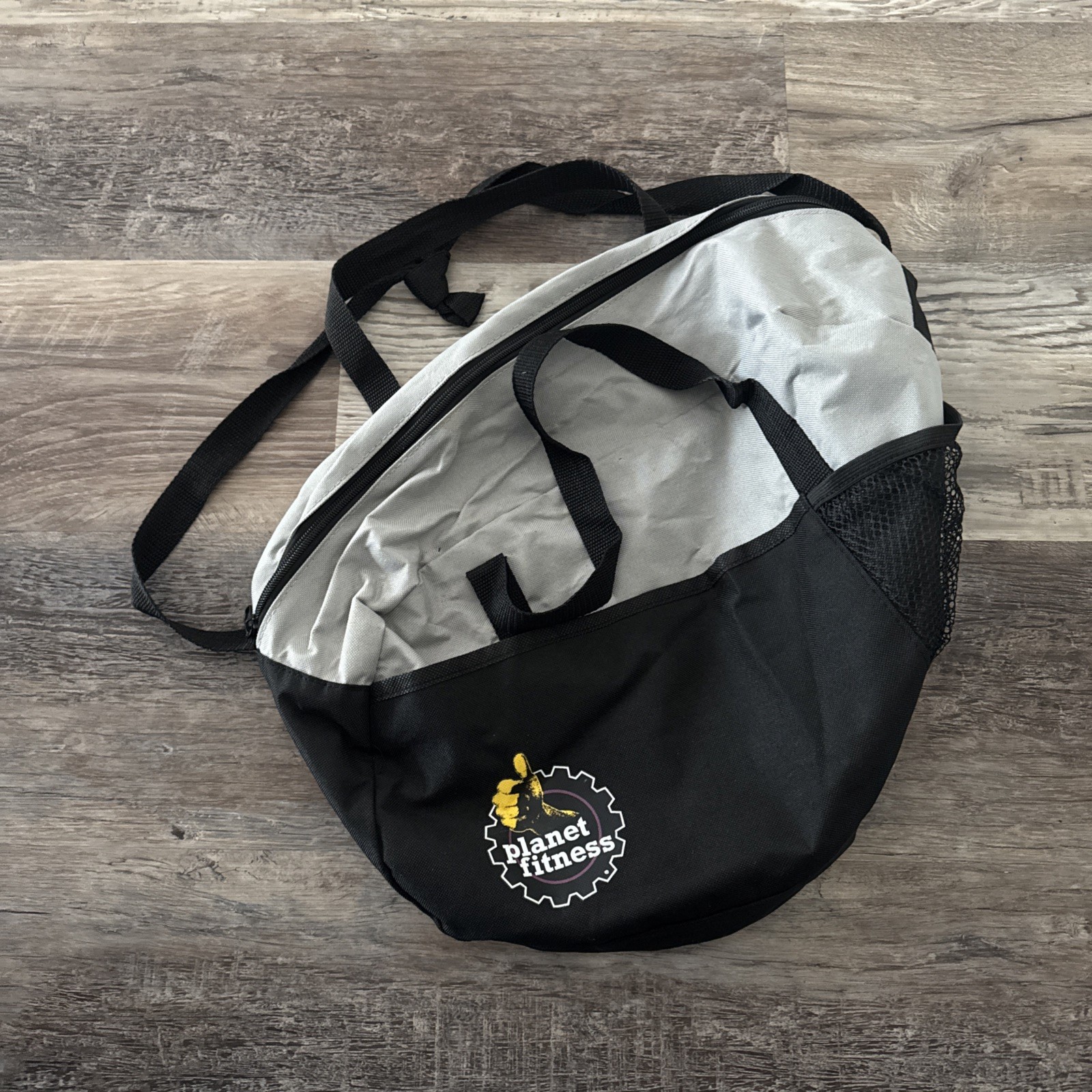 Planet Fitness Zippered Duffel Gym Tote Bag Gray and Black with Shoulder Strap