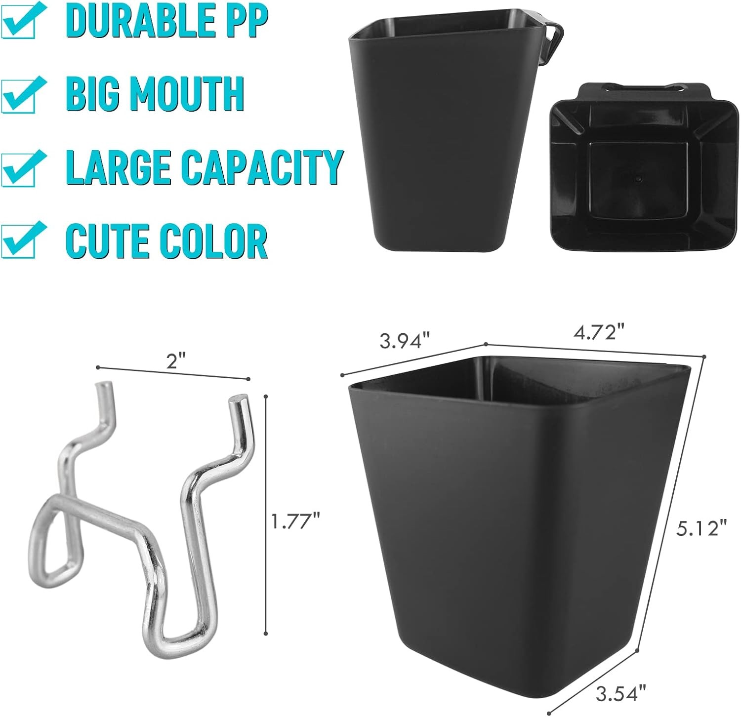 G.CORE Large Pegboard Cups Peg Board Storage Bin 6 Pack with Hooks, Black