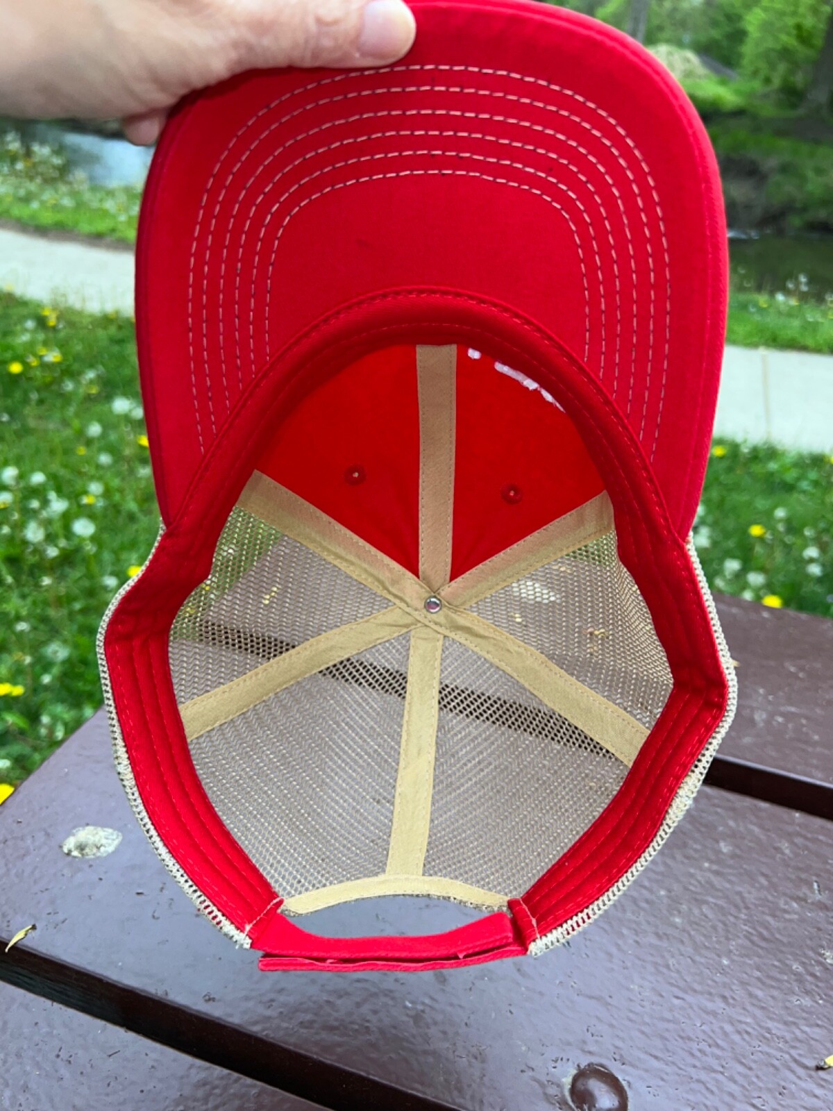 Trucker Hat Level 5 on Red Fabric Tan Mesh Hat Cap Hook Loop VGC