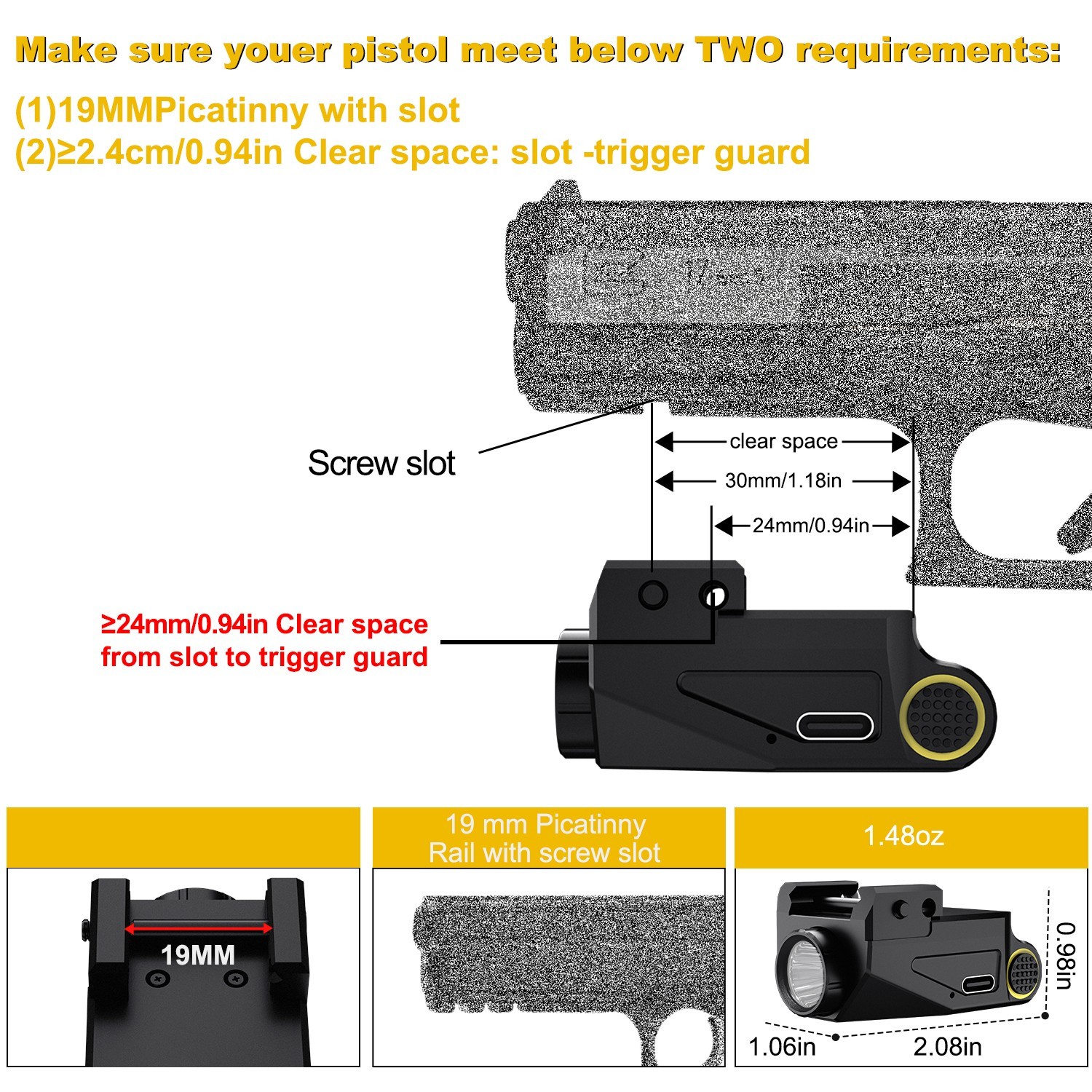 Tactical Pistol Flashlight 500LM LED Weapon Light USB Rechargeable Subcompact