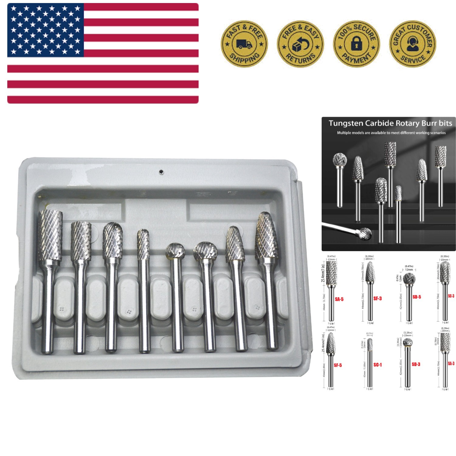 Carbide Burr Set 1/4'' Shank Die Grinder Bits Double Cut Solid Tungsten Carbi...