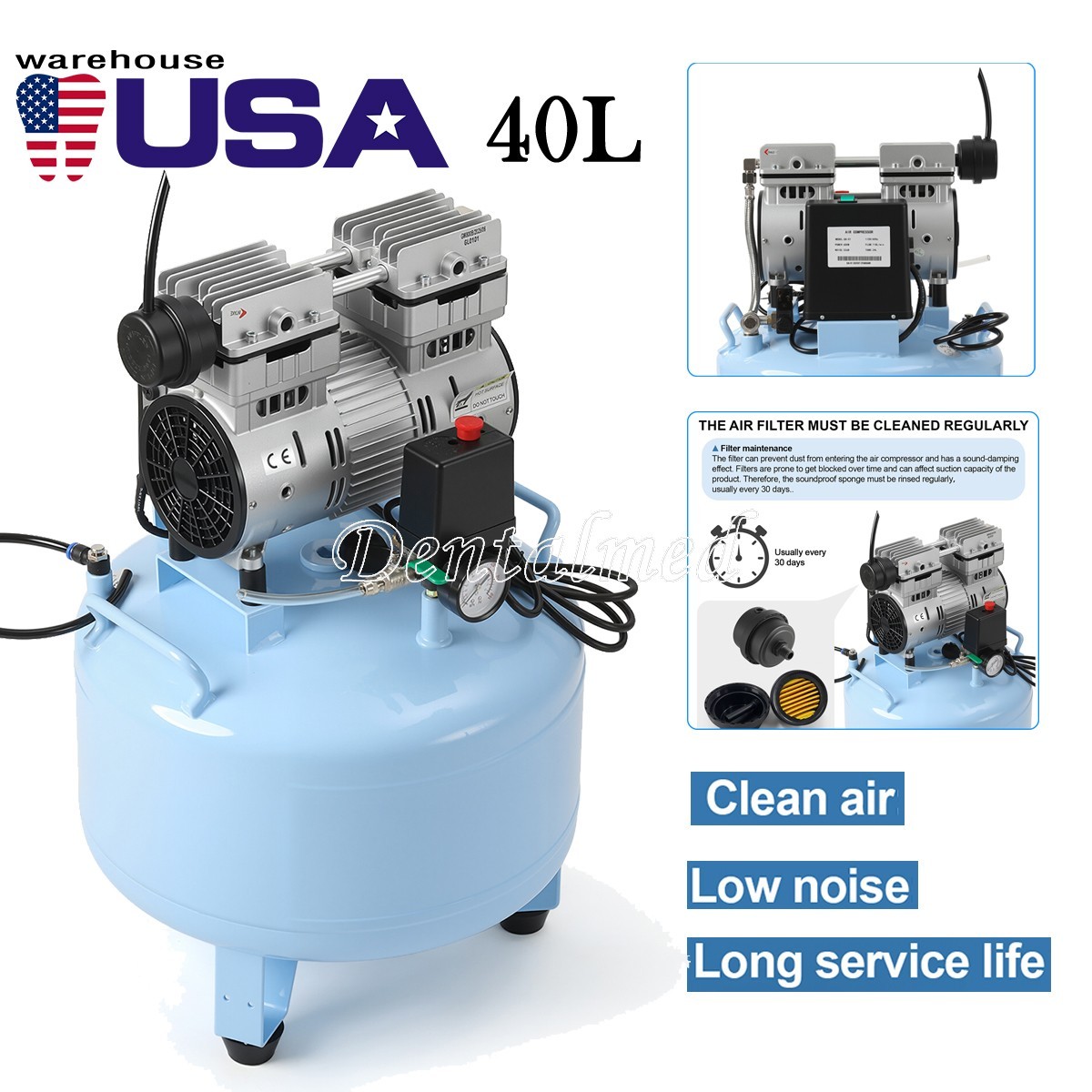 AZDENT 40L Portable Dental Air Compressor Unit Oil Free Silent Air Pump 155L/min