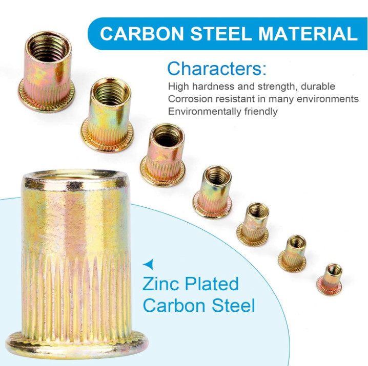 100Pcs M6 Rivet Nuts, Carbon Steel Flat Head Rivnut Threaded Insert Nut