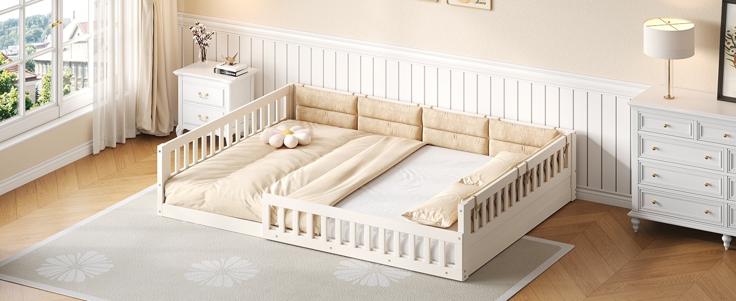 Full Size Upholstered Platform Bed with Guardrail & Pillow, Beige
