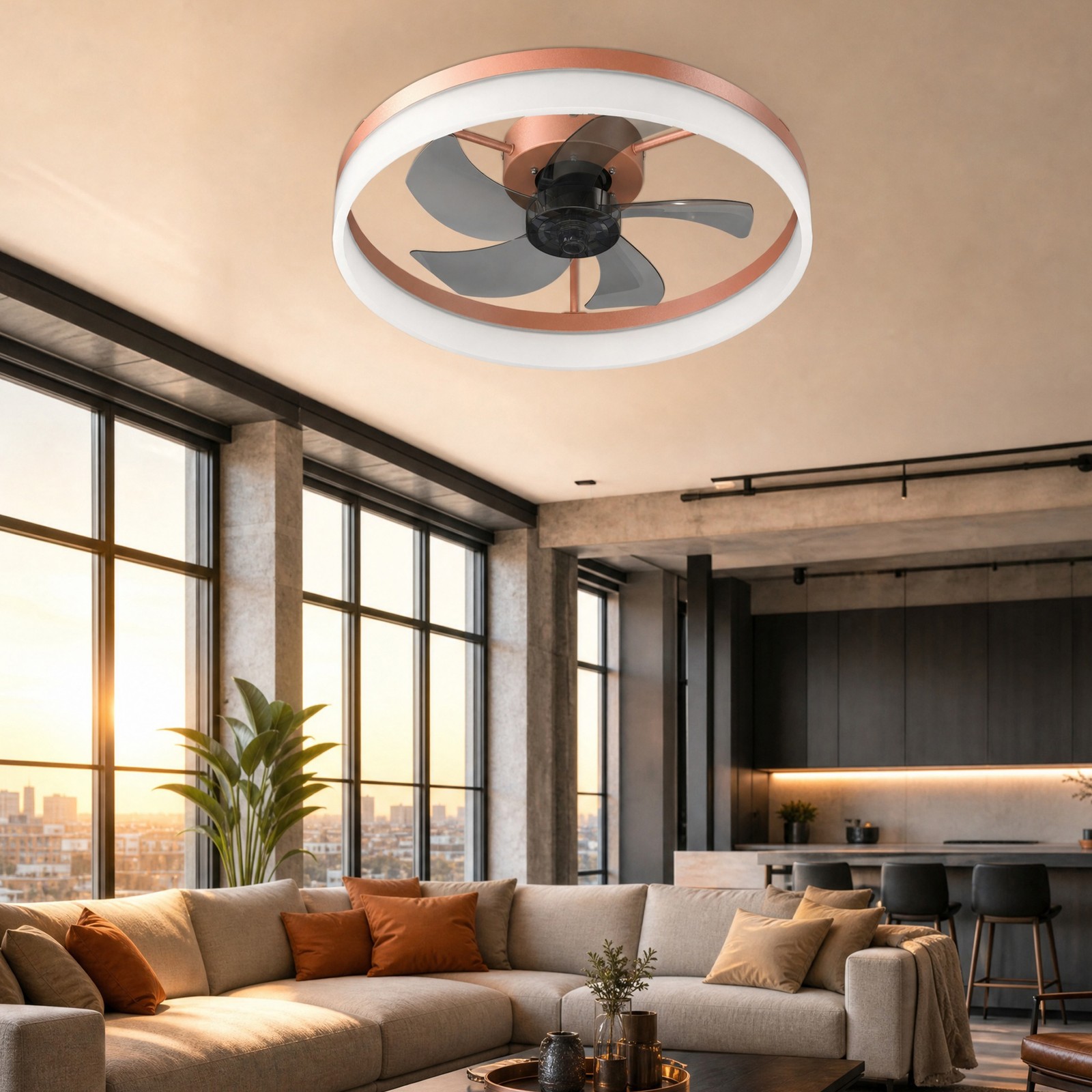 20 inch Gold Modern LED Ceiling Fan with Light Remote APP Control Flush Mount