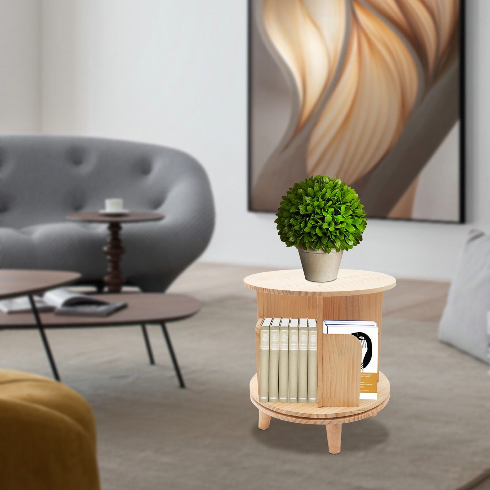 1-tier Floor Standing Solid Wood Single-layer Rotating Bookshelf 31cm H Bookcase